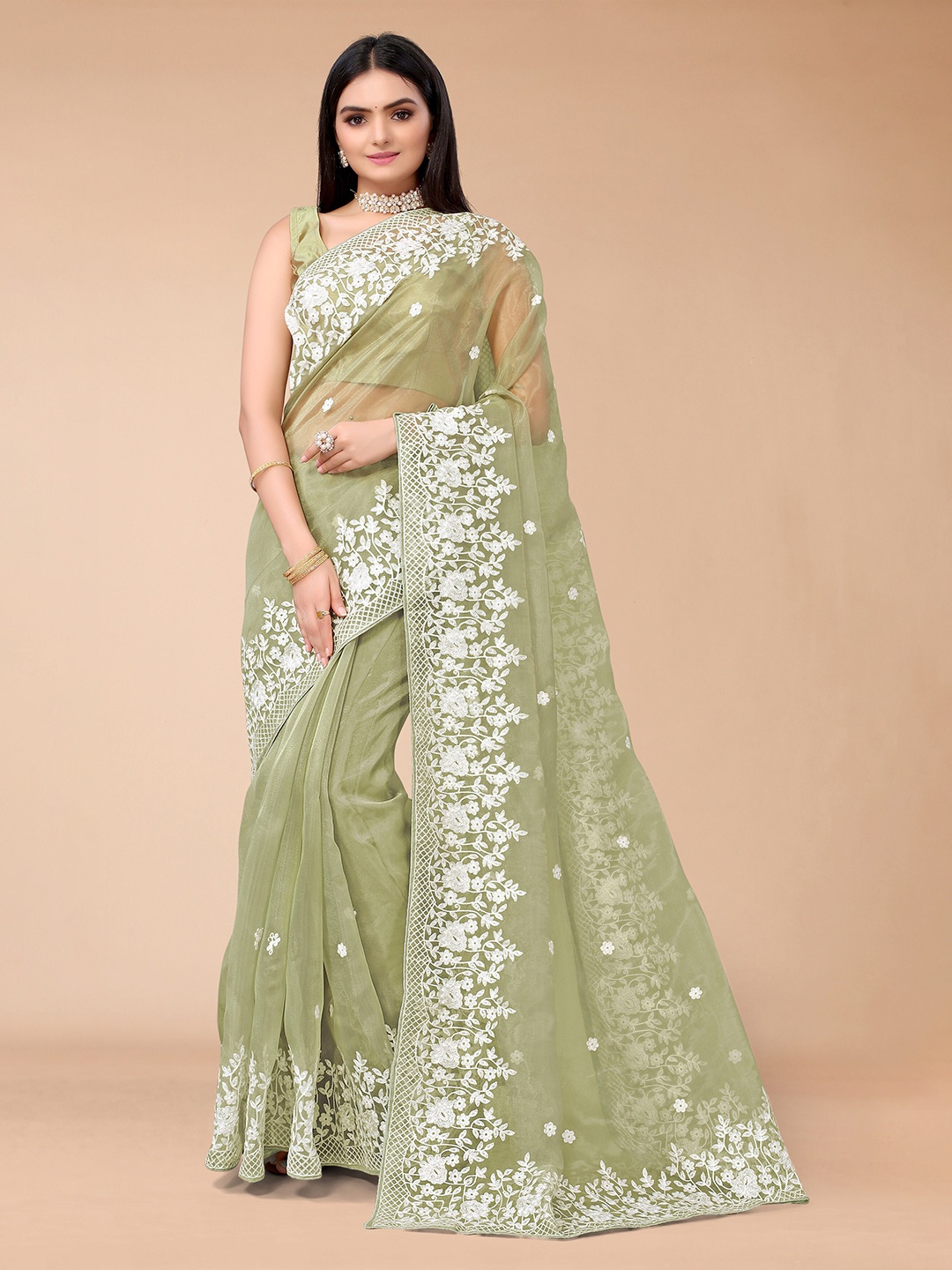 

Mitera Green & White Floral Embroidered Organza Saree