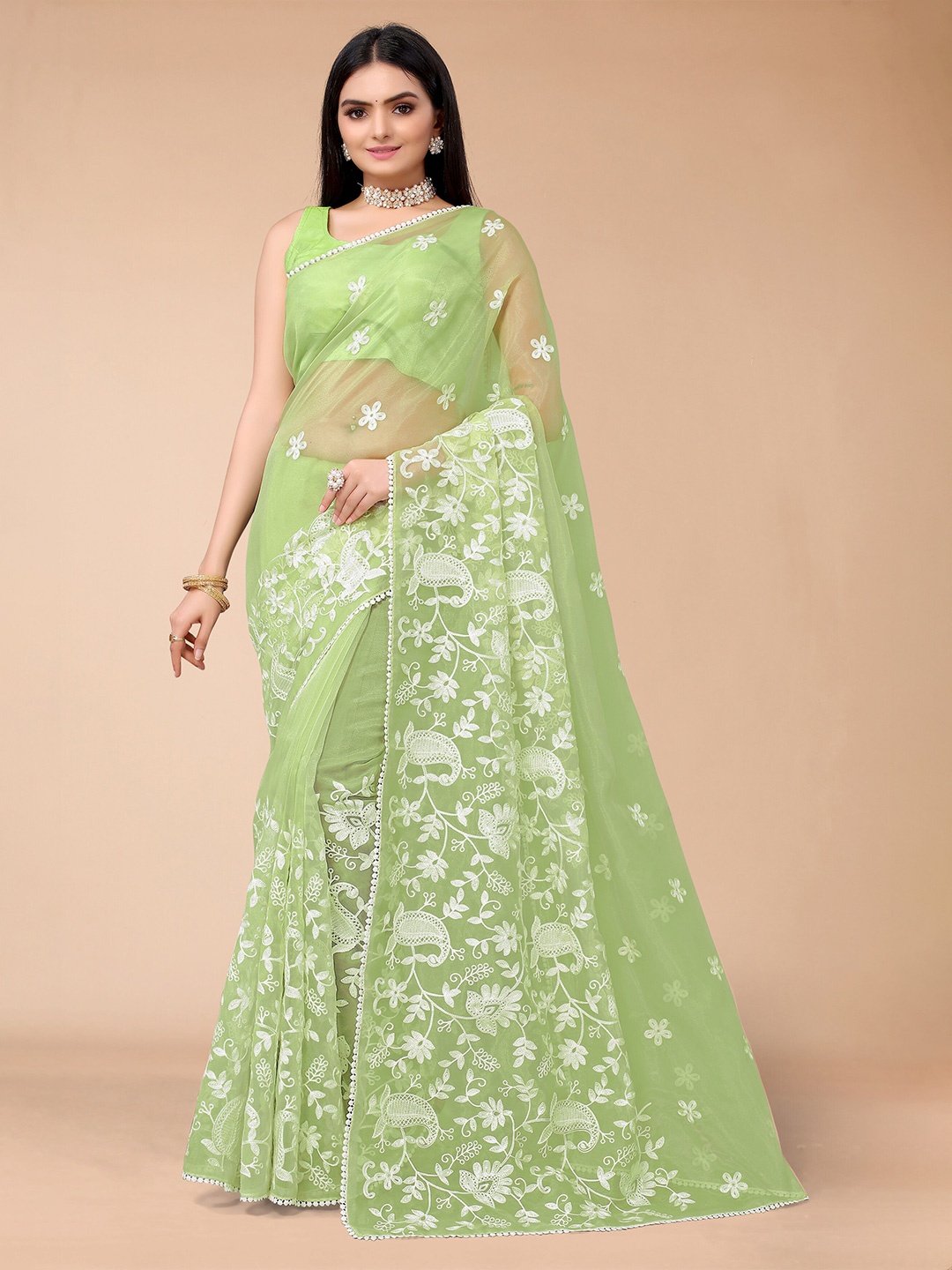 

Mitera Green & White Floral Chikankari Organza Saree