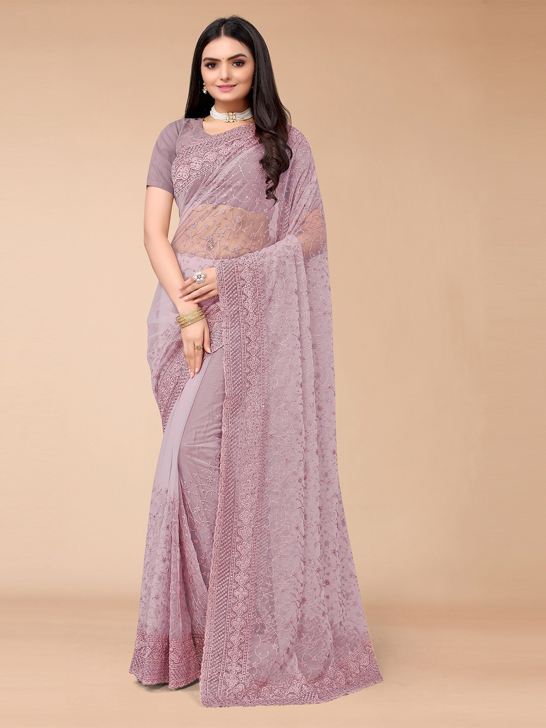 

Mitera Pink Floral Embroidered Net Saree