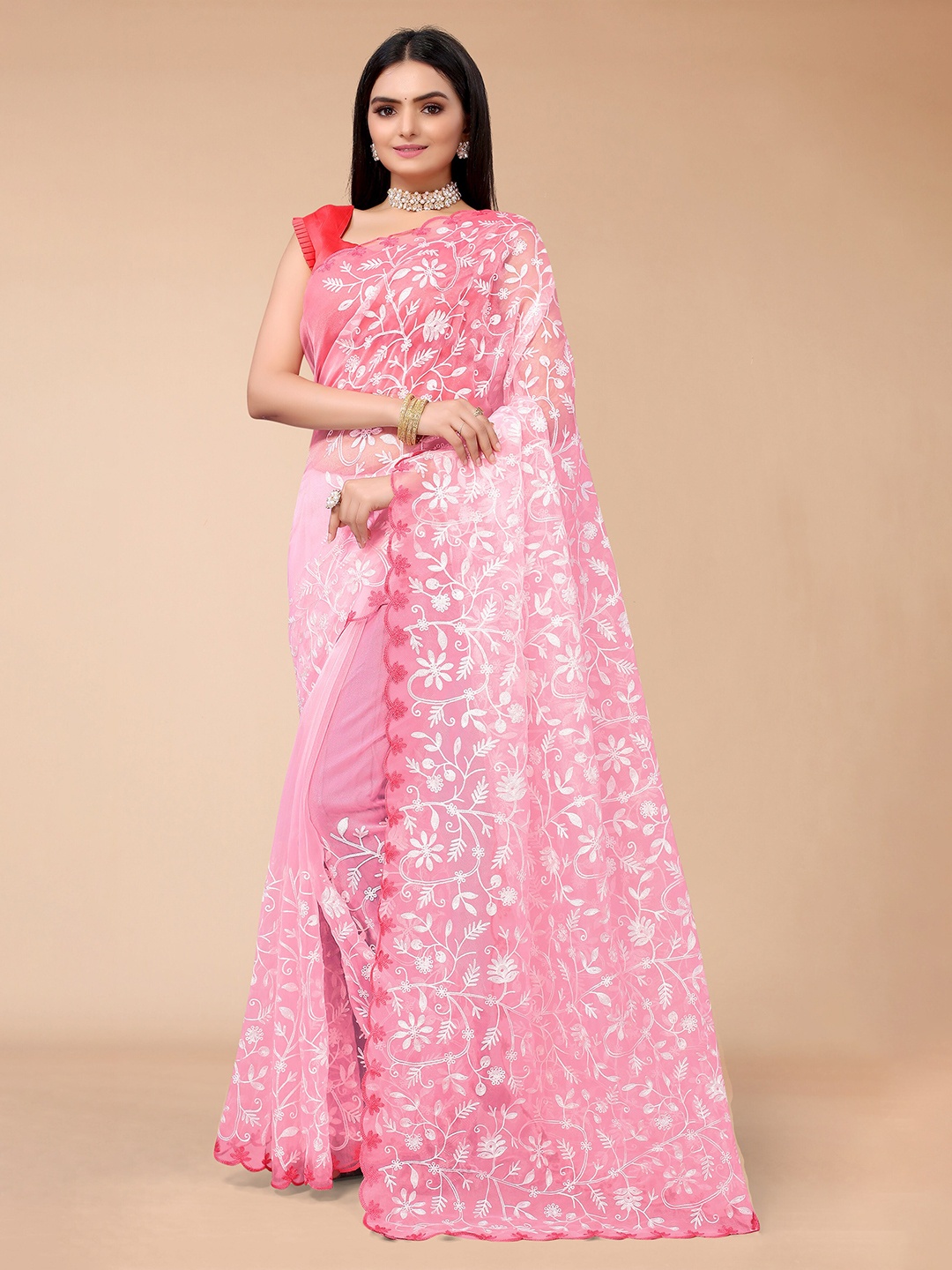 

Mitera Pink & Off White Floral Embroidered Organza Saree