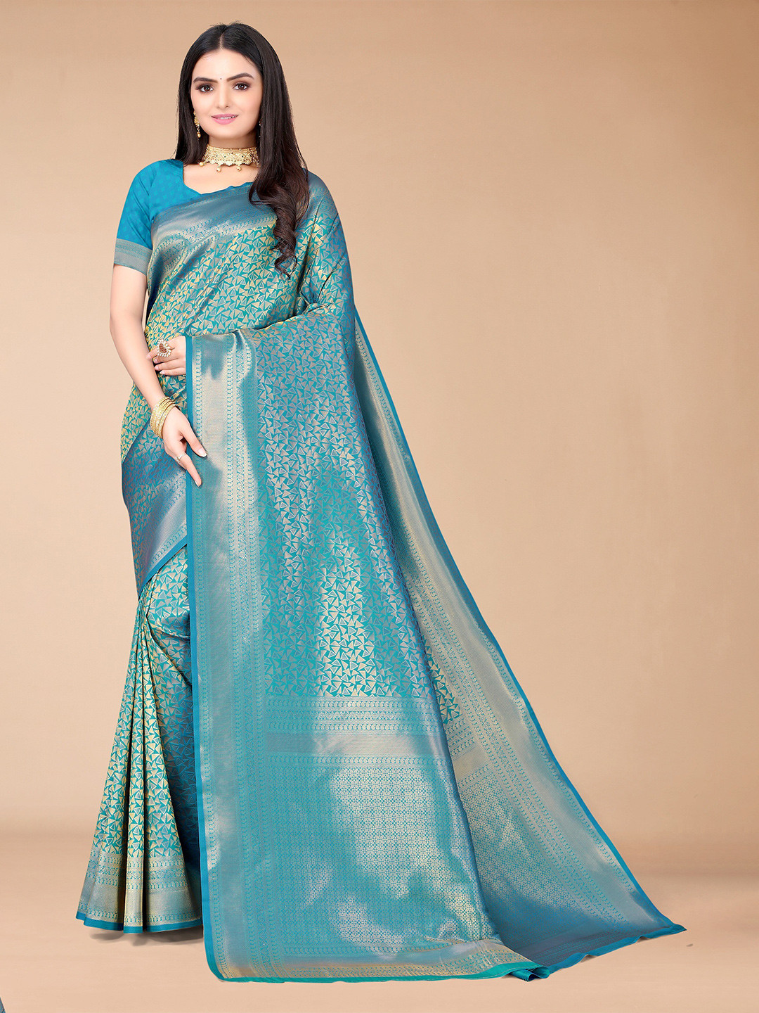 

Mitera Blue & Gold-Toned Woven Design Silk Blend Kanjeevaram Saree