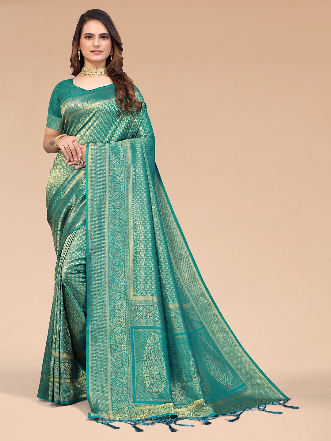 

Mitera Teal Woven Design Zari Silk Blend Kanjeevaram Saree