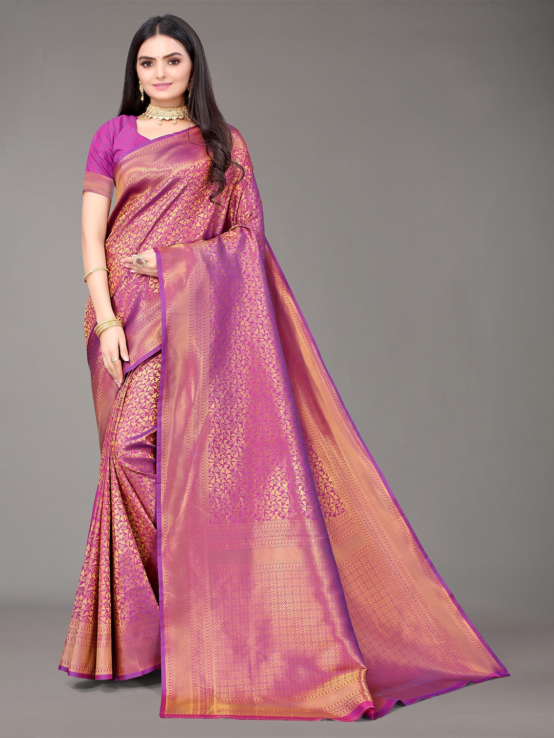

Nimayaa Purple & Gold-Toned Woven Design Silk Blend Kanjeevaram Saree