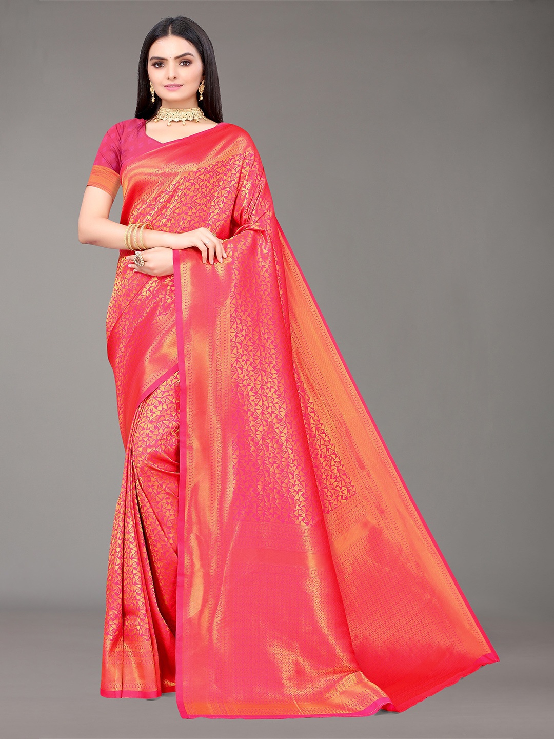 

Nimayaa Pink & Gold-Toned Woven Design Zari Silk Blend Kanjeevaram Saree