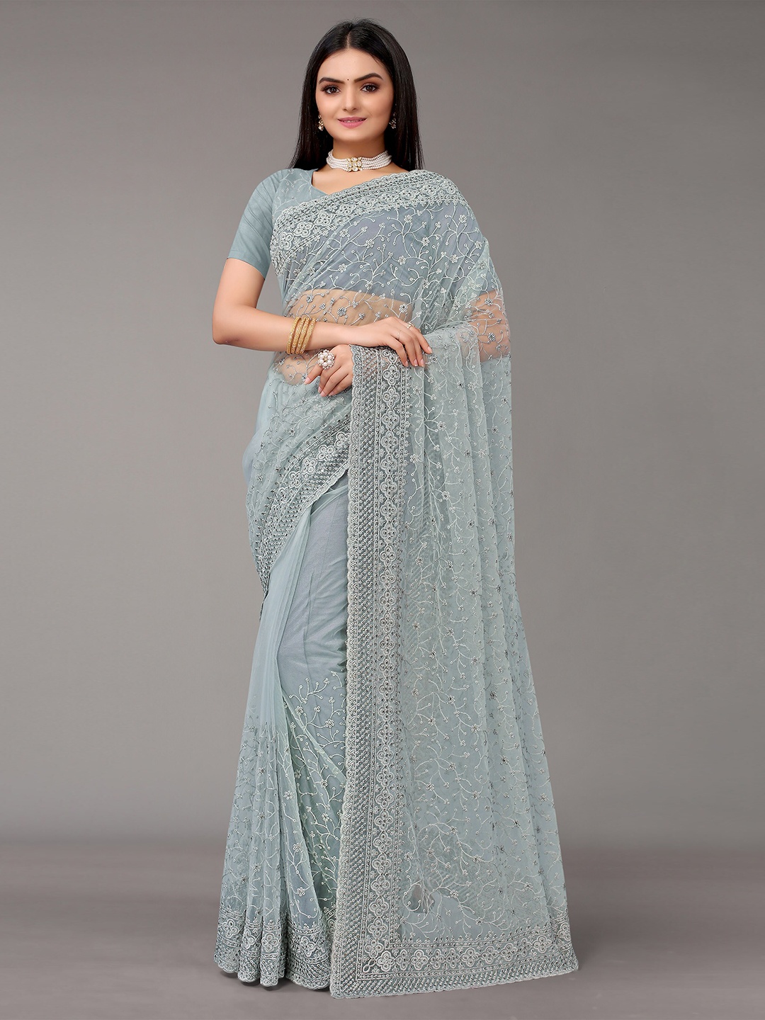 

Nimayaa Grey & White Floral Embroidered Net Saree with matching net Blouse