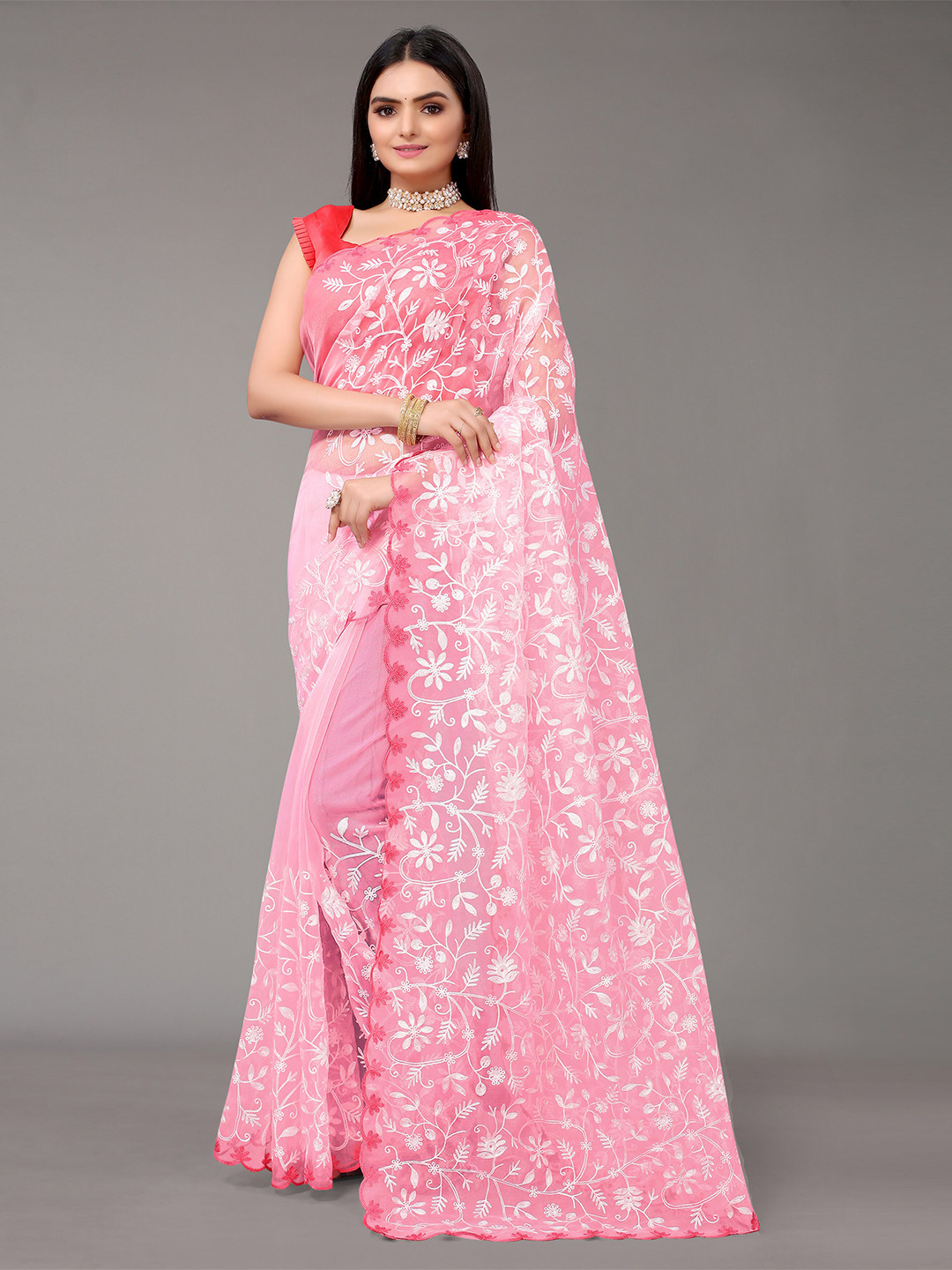 

Nimayaa Pink Colored Organza Embroidered Saree with matching net Blouse