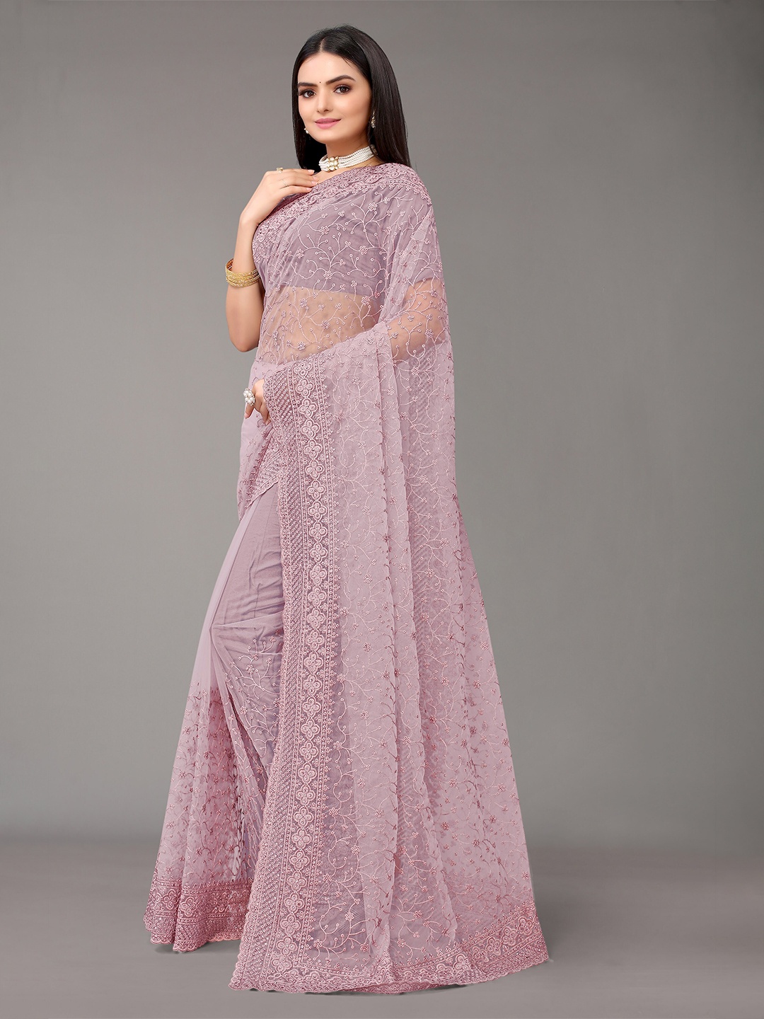 

Nimayaa Women Pink Floral Embroidered Net Saree With Unstitched Blouse Piece