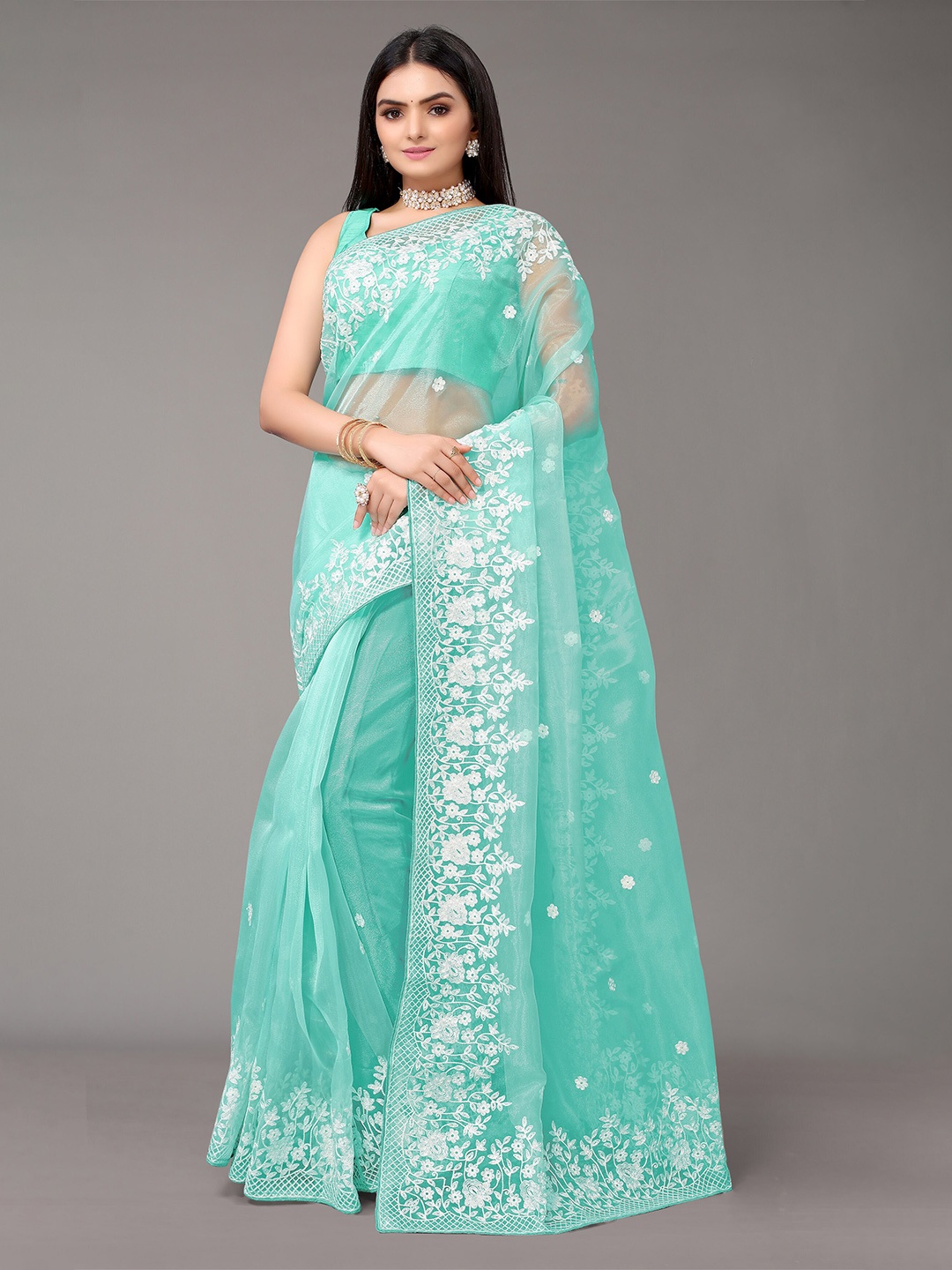 

Nimayaa Blue & White Floral Embroidered Organza Saree