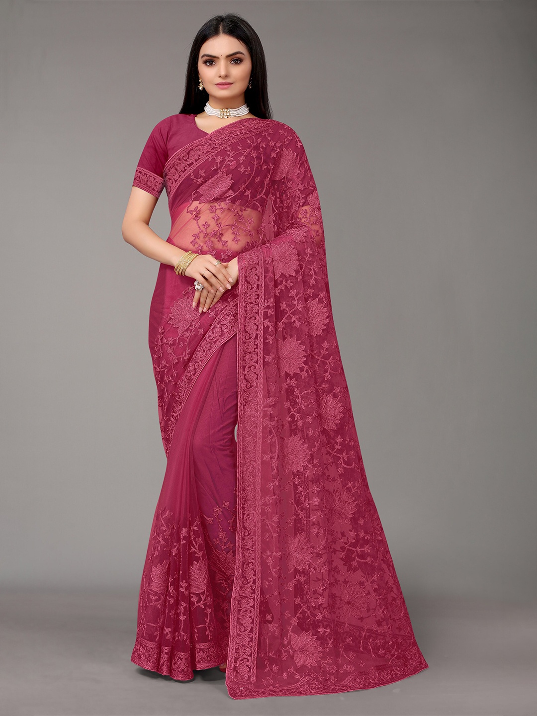 

Nimayaa Peach-Coloured Floral Embroidered Net Saree