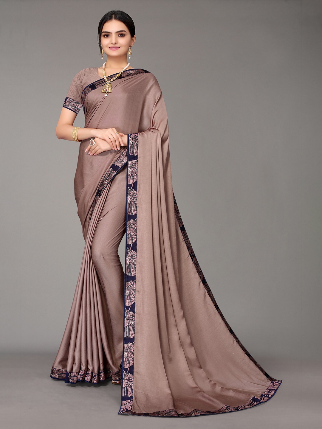 

Nimayaa Brown & Navy Blue Solid Satin Saree
