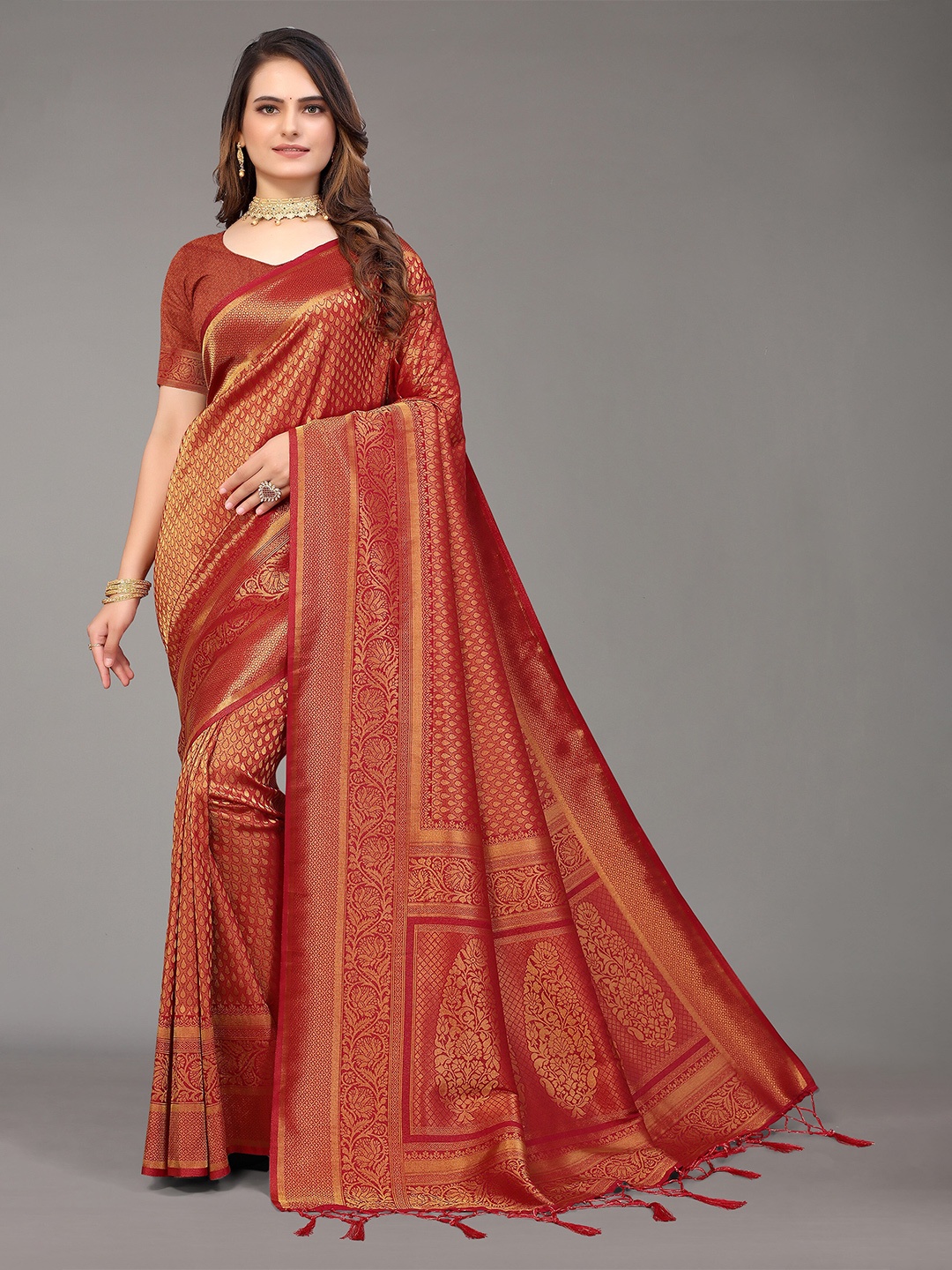 

Nimayaa Red & Gold-Toned Woven Design Zari Silk Blend Kanjeevaram Saree
