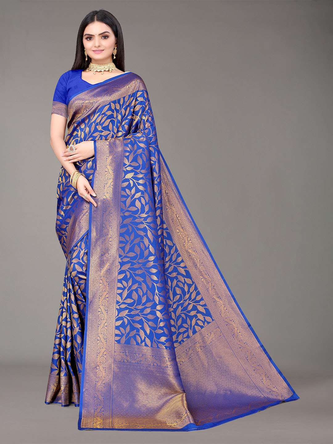 

Nimayaa Blue & Gold-Toned Woven Design Zari Silk Blend Kanjeevaram Saree