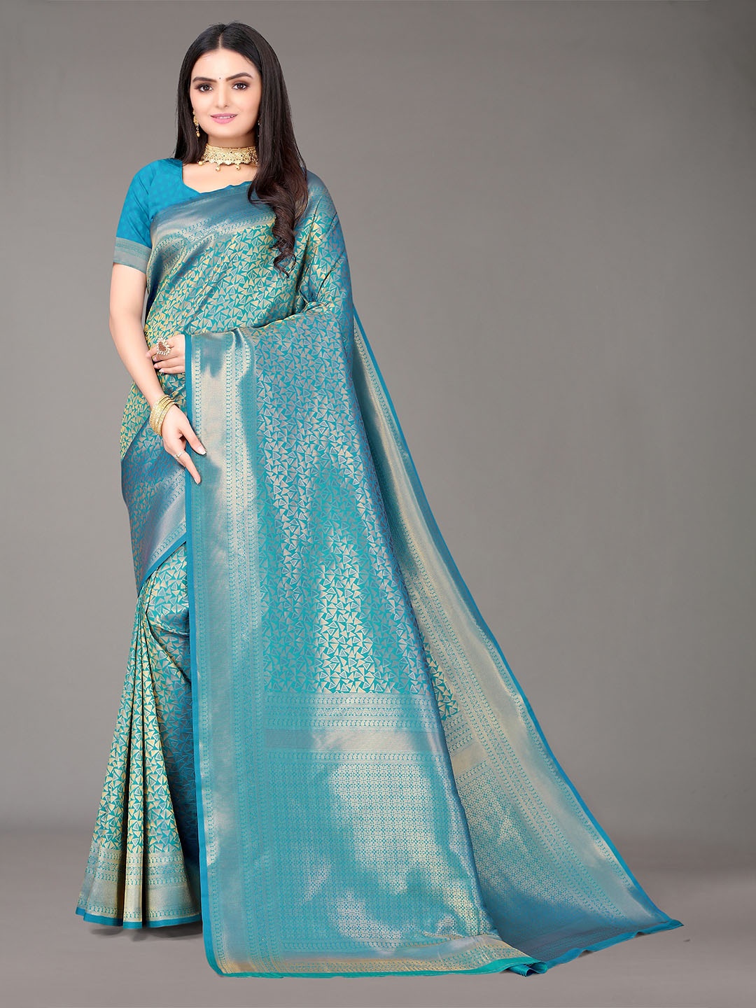 

Nimayaa Teal & Gold Woven Design Zari Silk Blend Kanjeevaram Saree