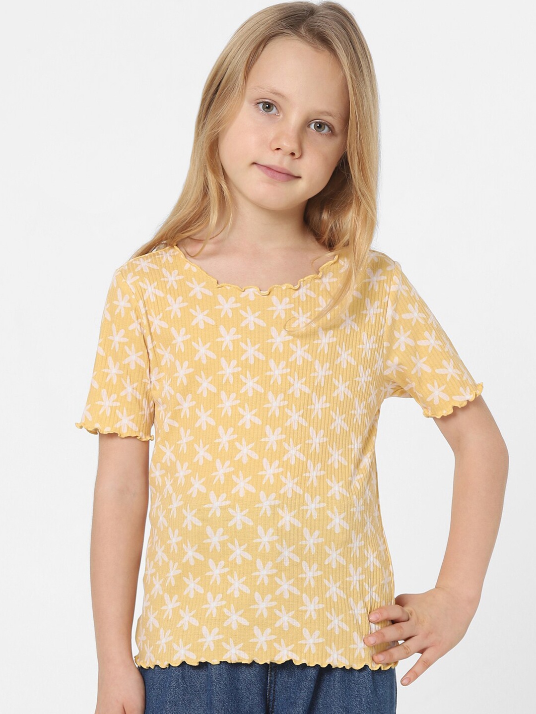 

KIDS ONLY Girls Yellow & White Floral Printed Cotton T-shirt