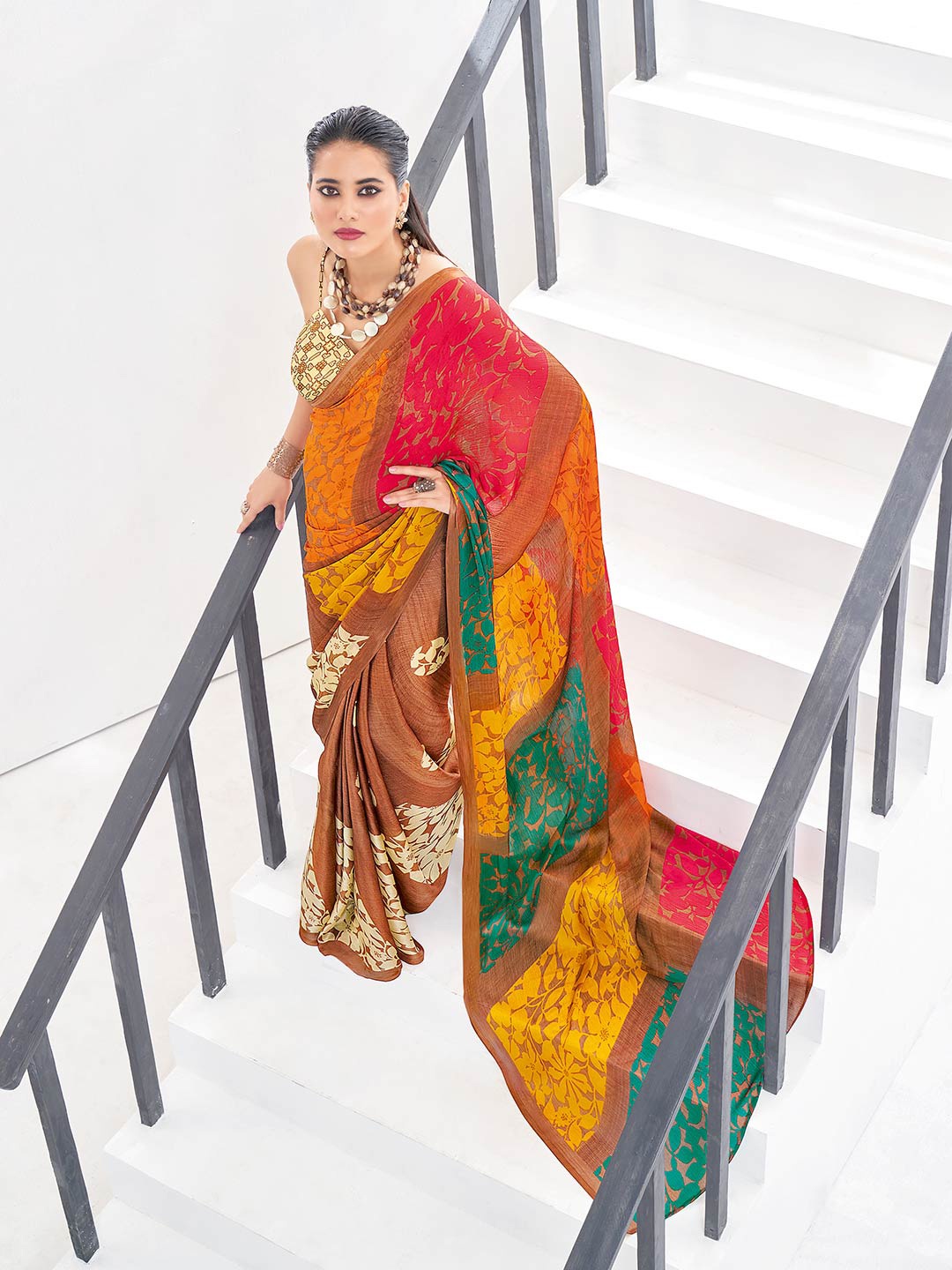 

Shaily Brown & Yellow Floral Pure Chiffon Saree