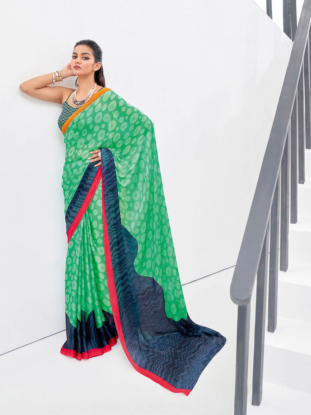 

Shaily Green & Blue Floral Printed Pure Chiffon Saree