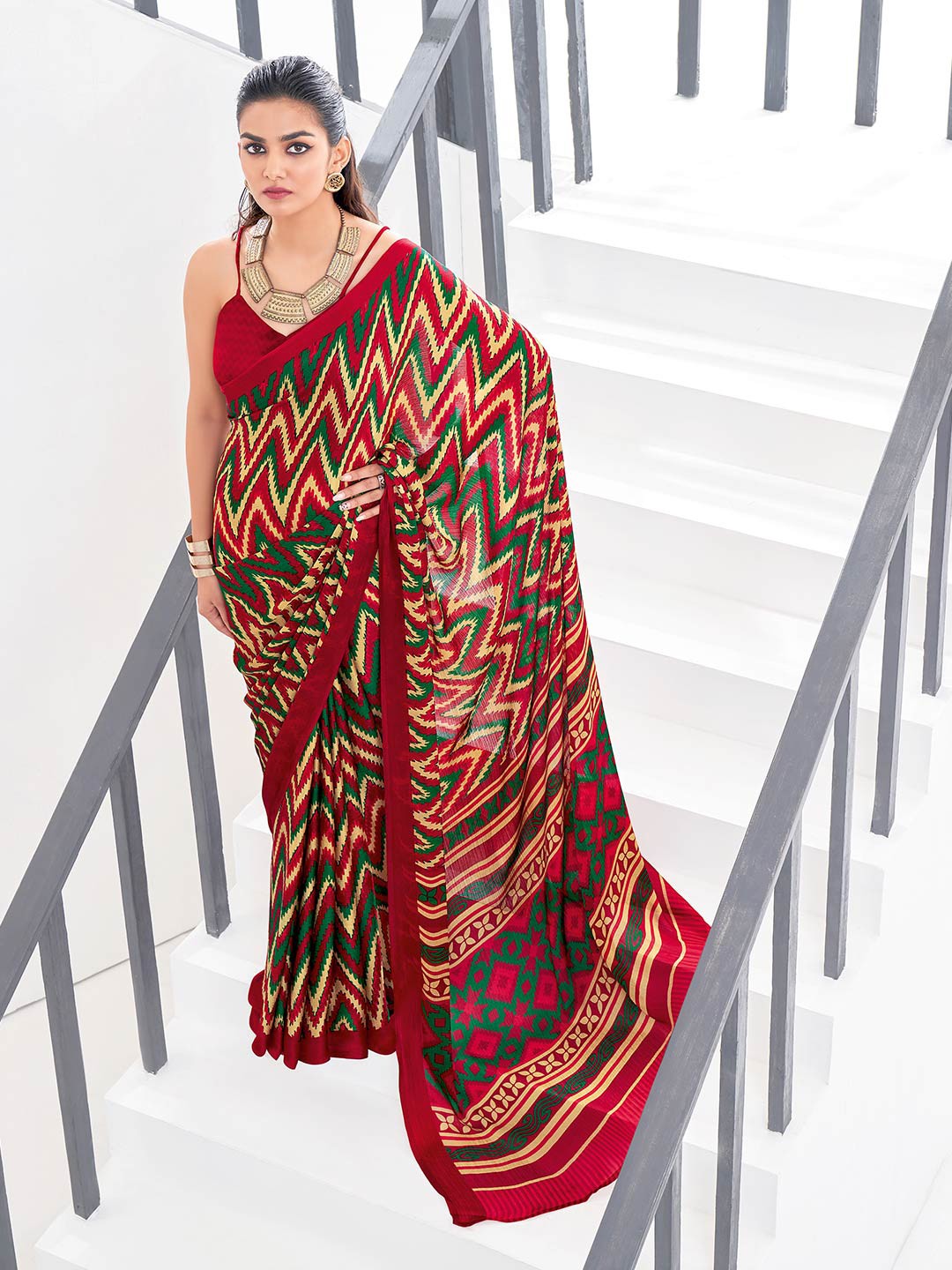

Shaily Maroon & Red Geometric Printed Pure Chiffon Saree
