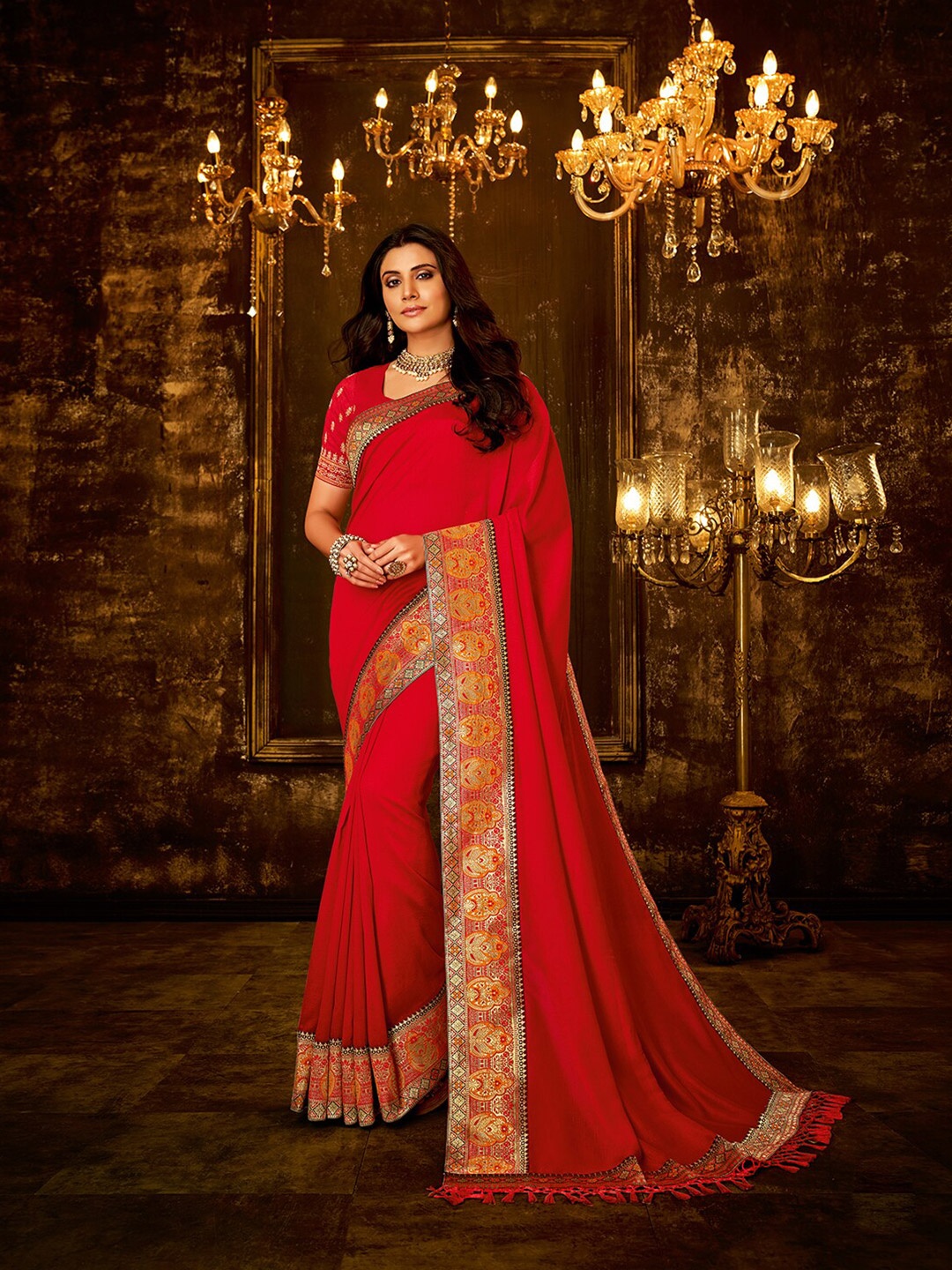 

Shaily Women Red & Gold-Toned Vichitra Silk Saree