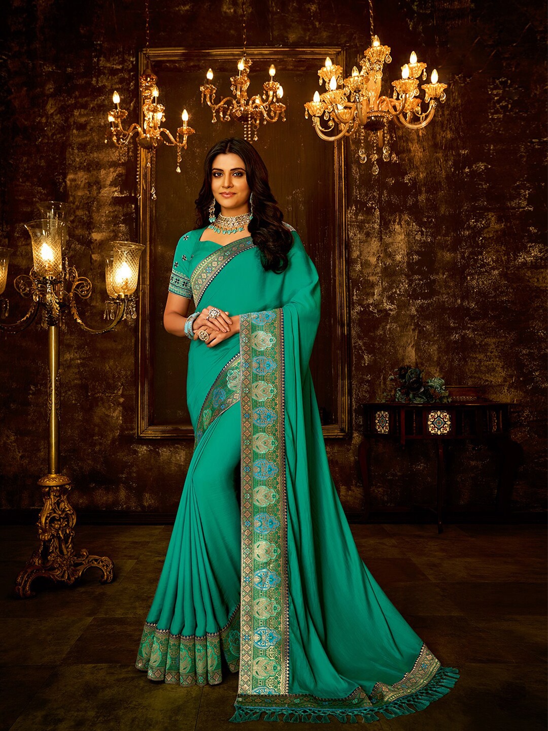 

Shaily Turquoise Blue & Gold-Toned Saree