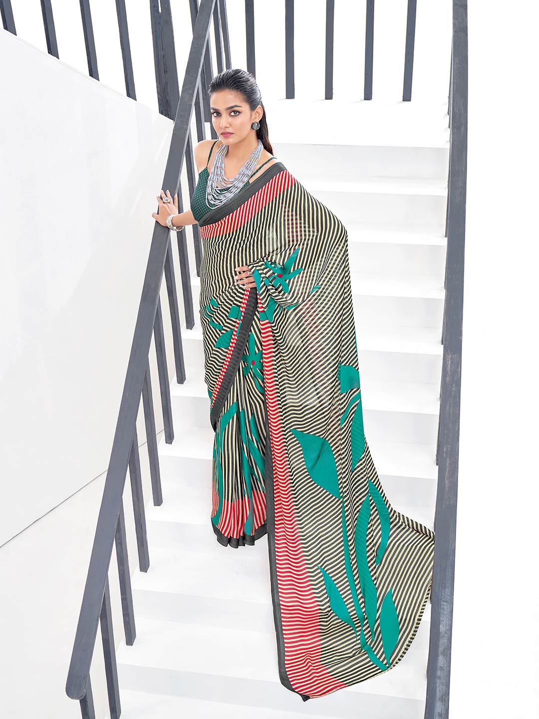 

Shaily Grey & Red Striped Pure Chiffon Saree