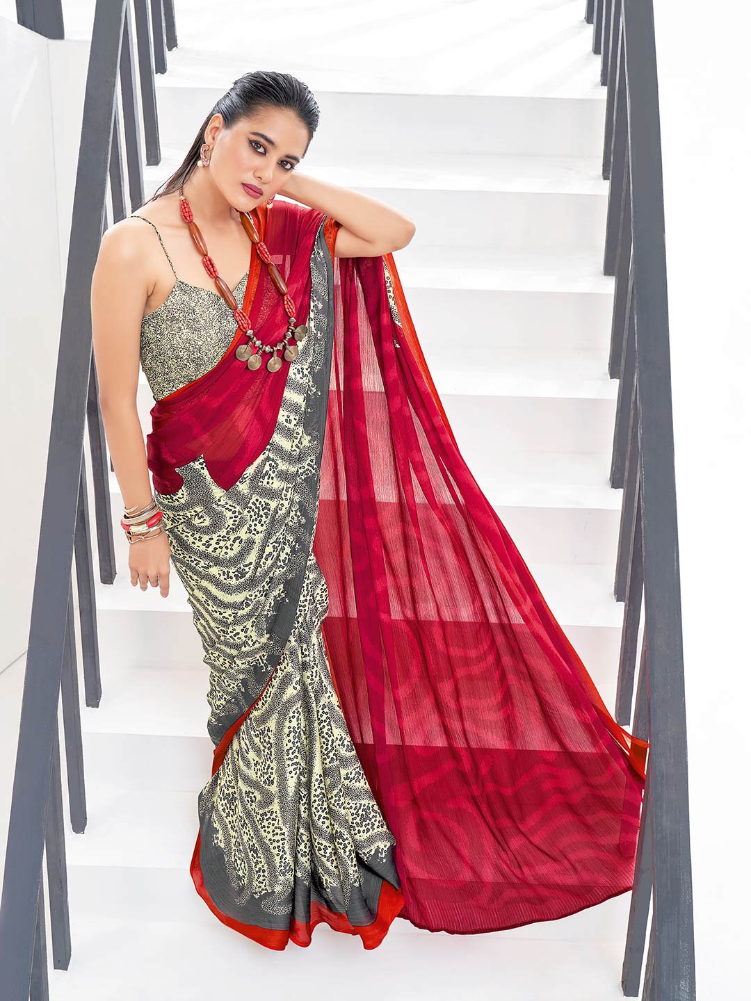 

Shaily Grey & Red Pure Chiffon Saree