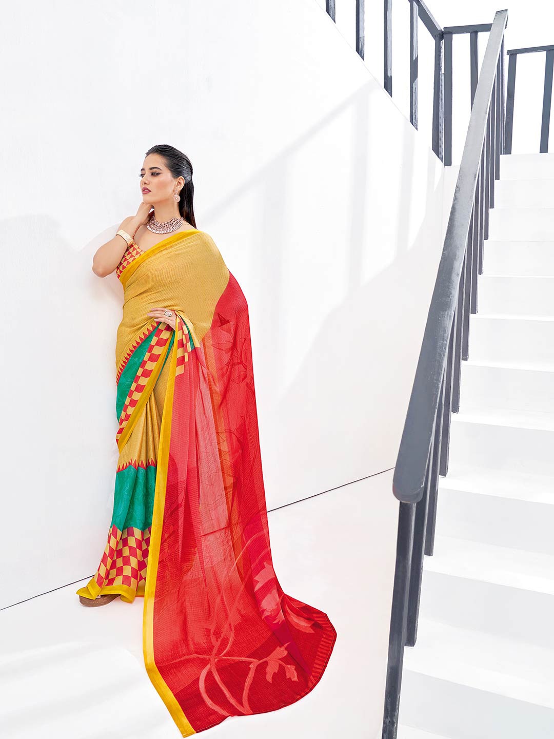 

Shaily Women Pink & Yellow Abstract Print Pure Chiffon Saree