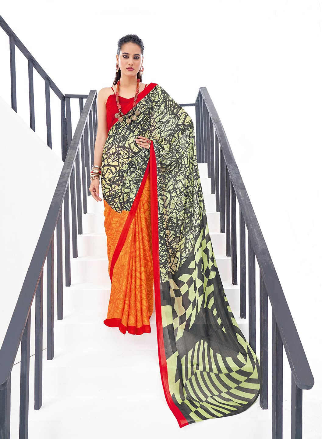

Shaily Orange & Green Pure Chiffon Saree