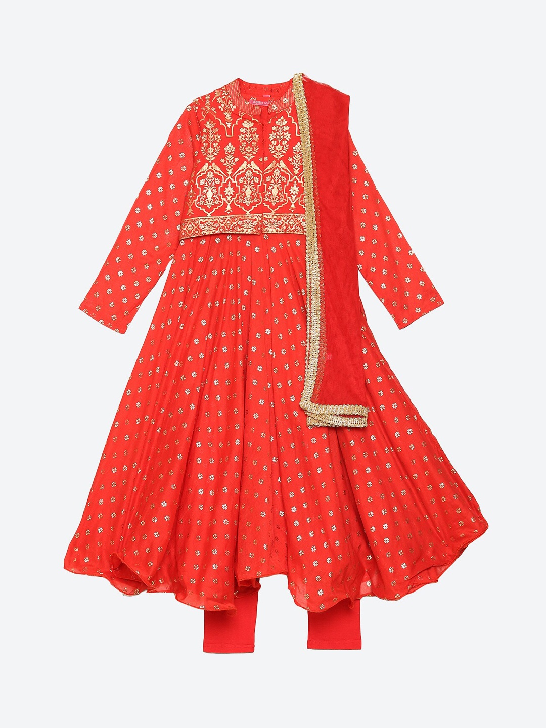 

Biba Girls Red & Gold Ethnic Motifs Embroidered Kurta With Leggings & With Dupatta