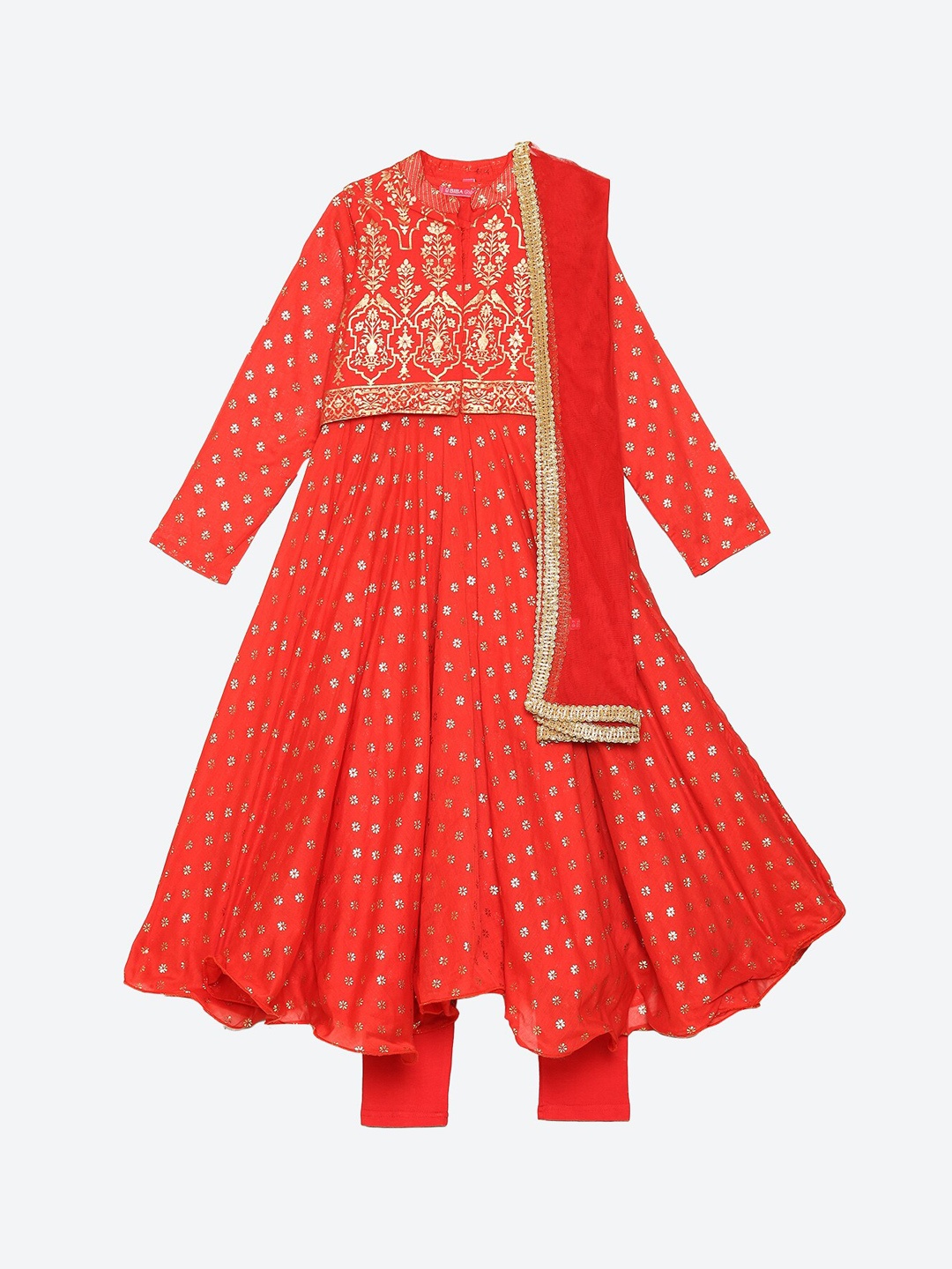 

Biba Girls Red Ethnic Motifs Embroidered Kurta With Leggings & With Dupatta