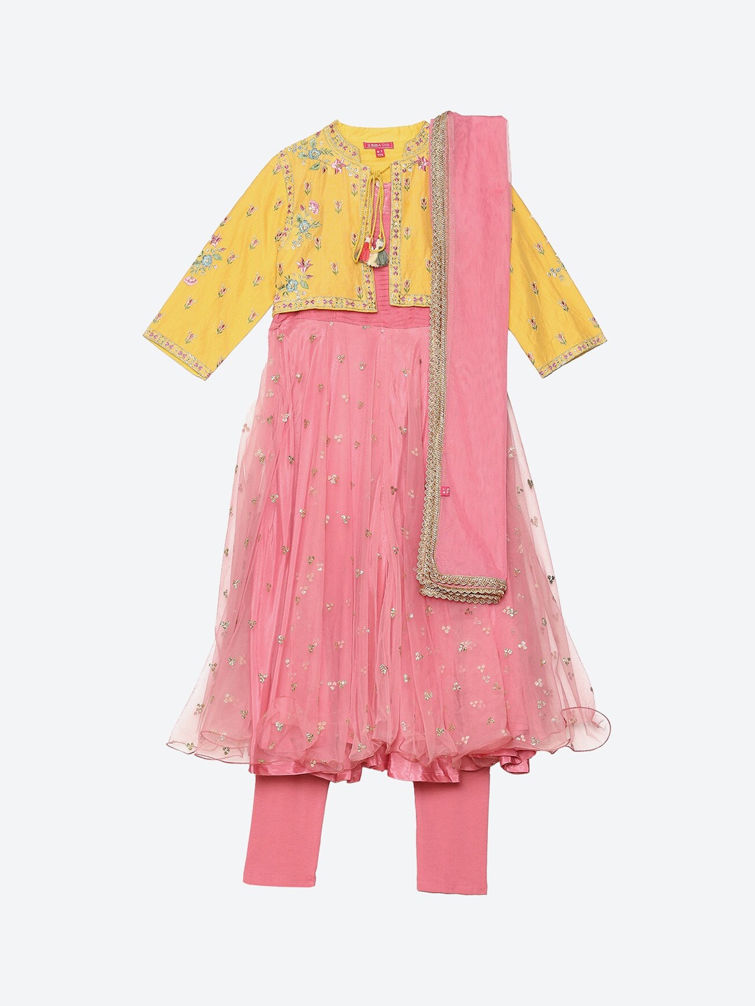 

Biba Girls Yellow & Pink Ethnic Motifs Embroidered Kurta With Leggings & With Dupatta