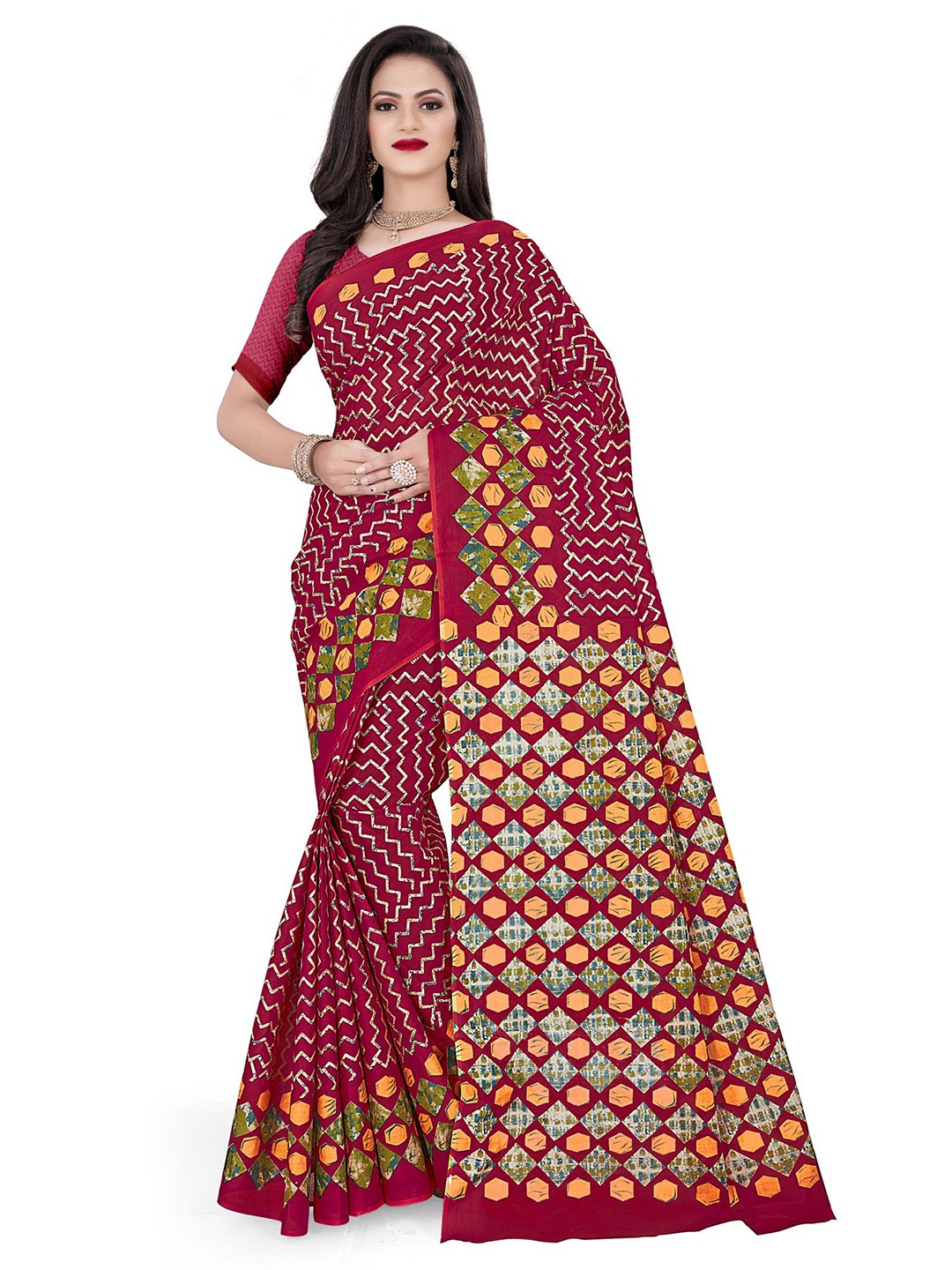 

SHANVIKA Women Geometric Print Pure Cotton Saree With Blouse Piece, Red