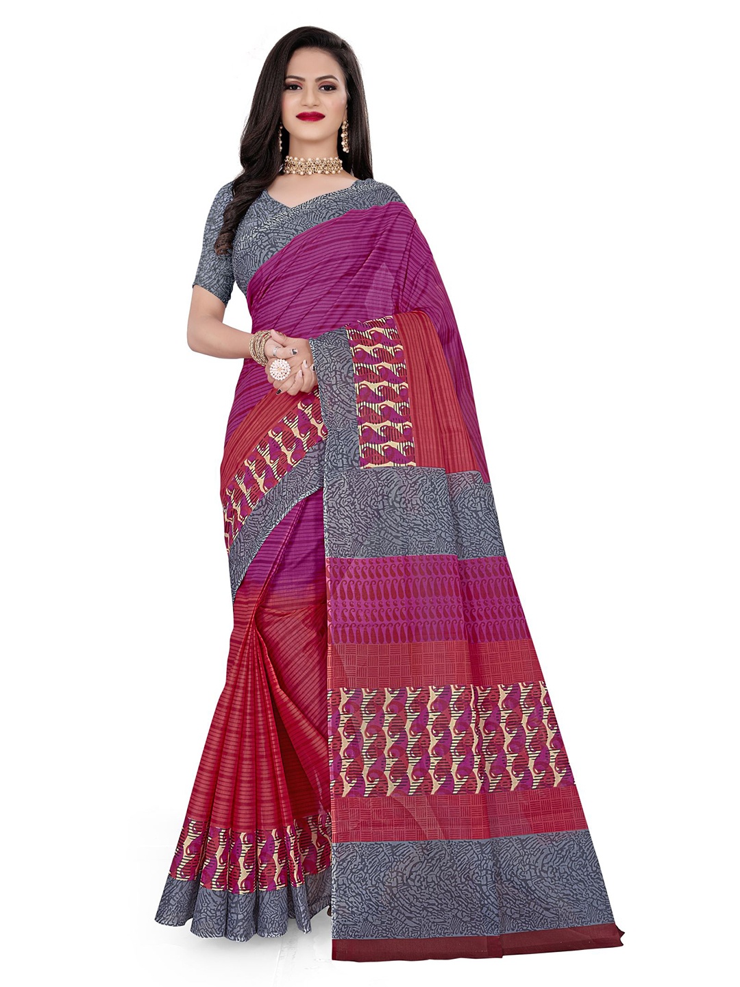 

SHANVIKA Woman Striped Print Pure Cotton Saree With Blouse Piece, Pink