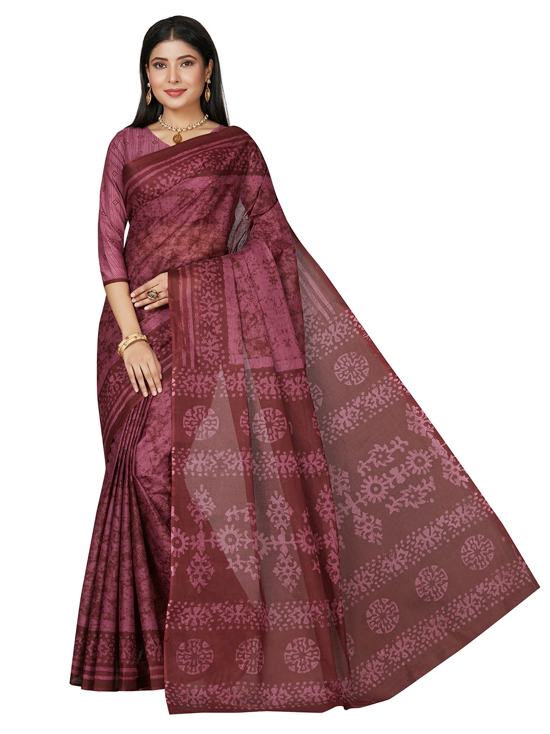 

SHANVIKA Woman Batik Print Pure Cotton Saree With Blouse Piece, Purple