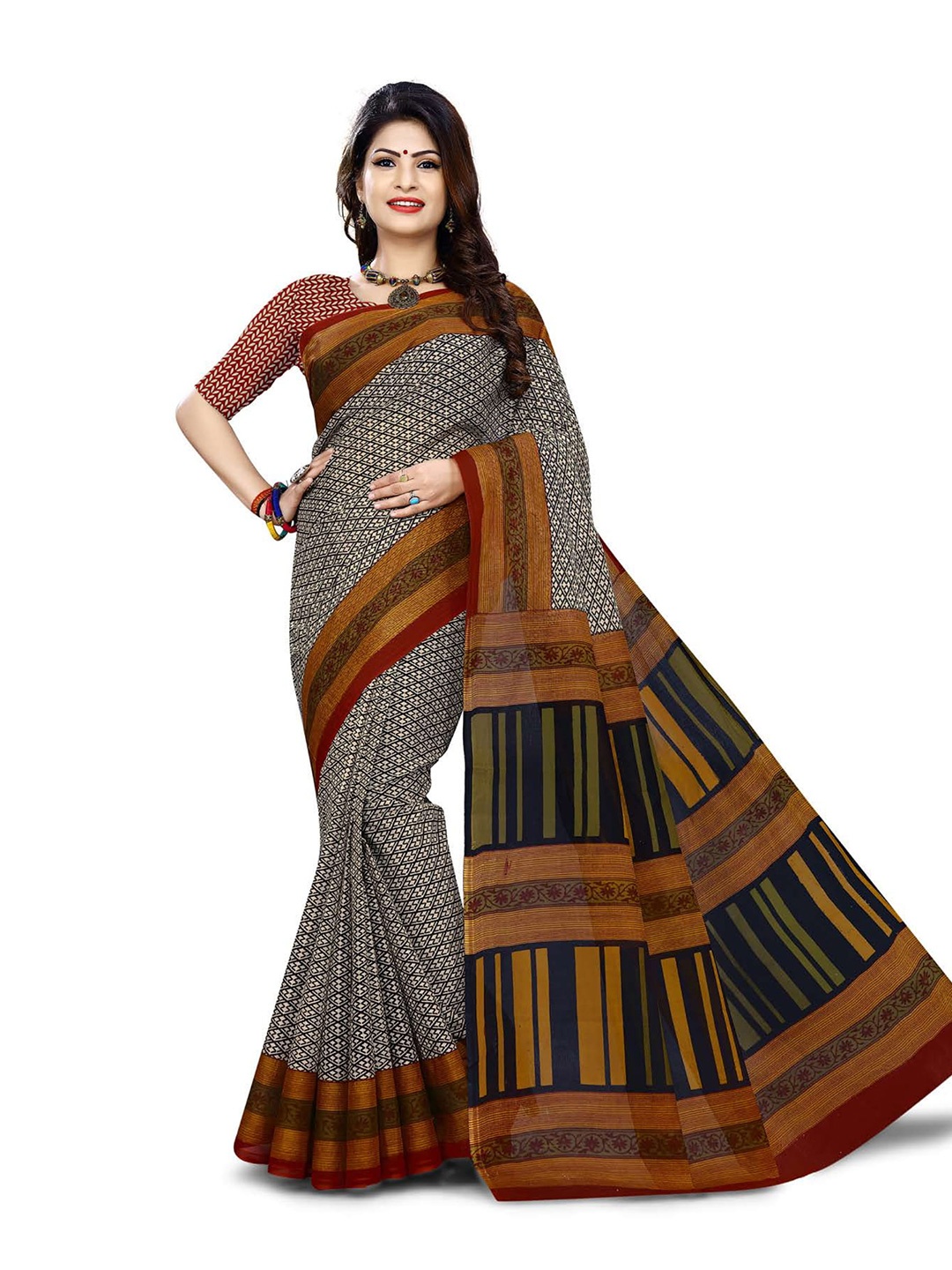 

SHANVIKA Black & Brown Printed Pure Cotton Block Print Saree