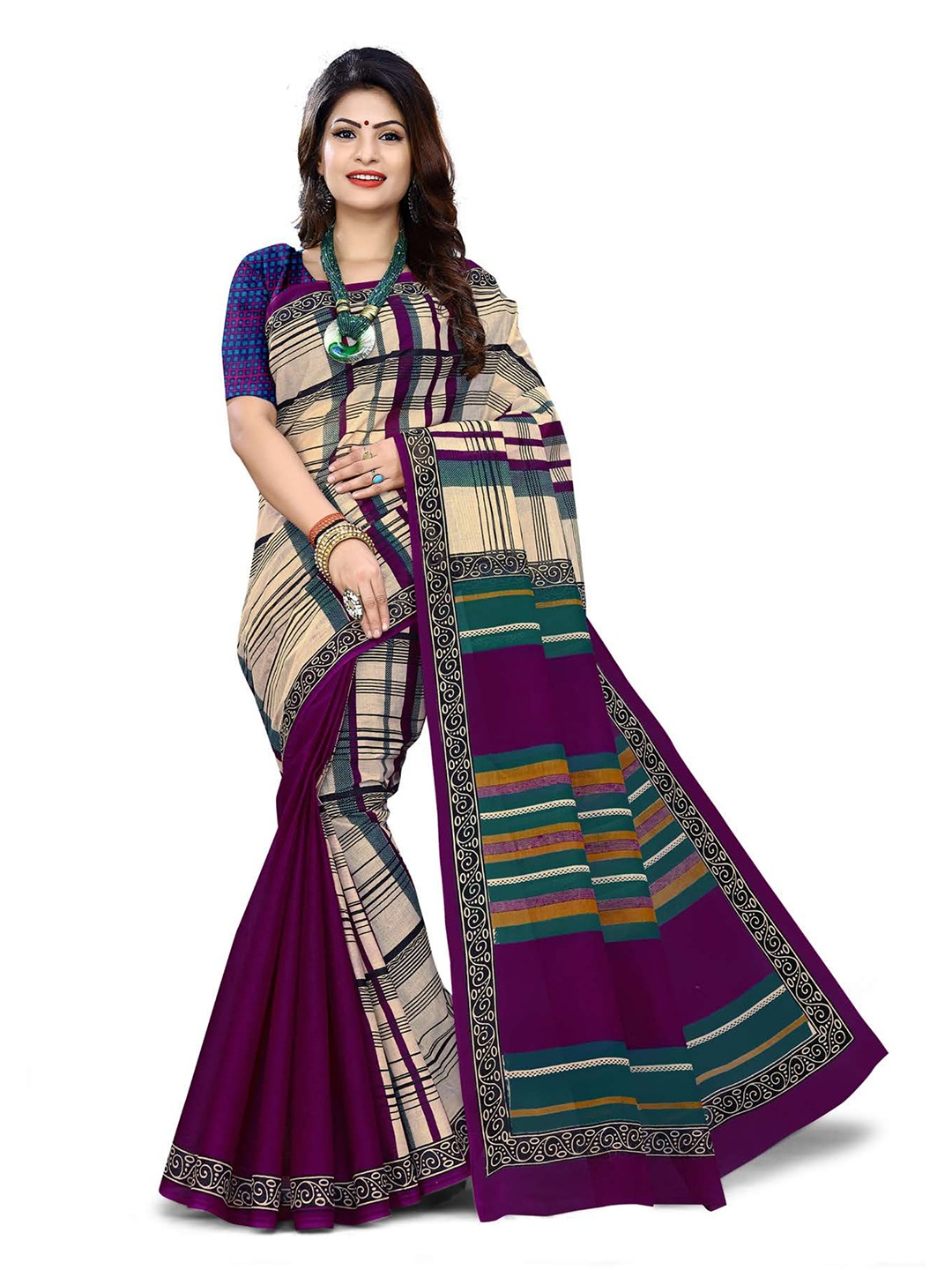 

SHANVIKA Purple & Beige Striped Pure Cotton Block Print Saree