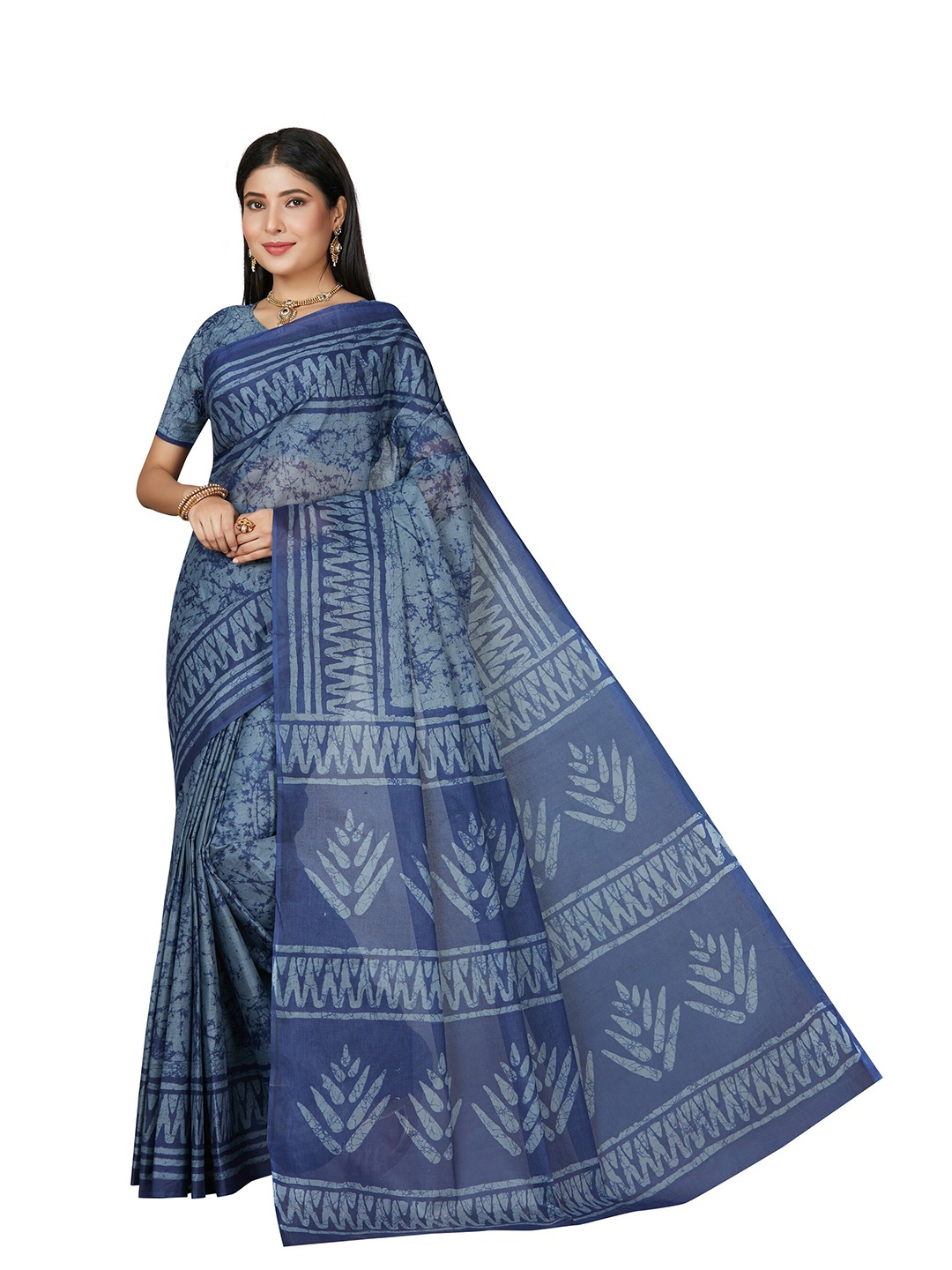

SHANVIKA Women Batik Print Pure Cotton Saree With Blouse Piece, Blue