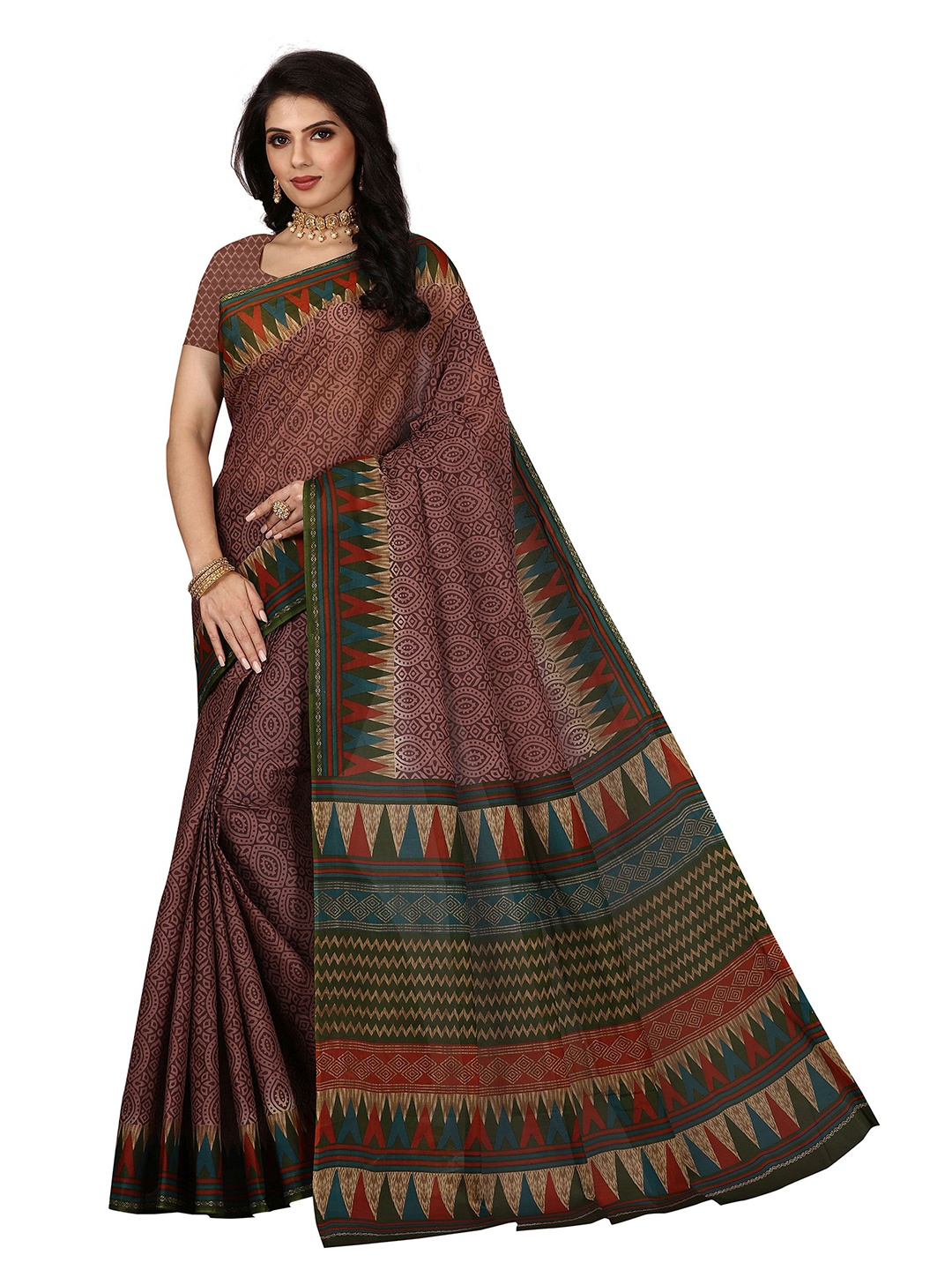 

SHANVIKA Mauve & Green Pure Cotton Block Print Saree