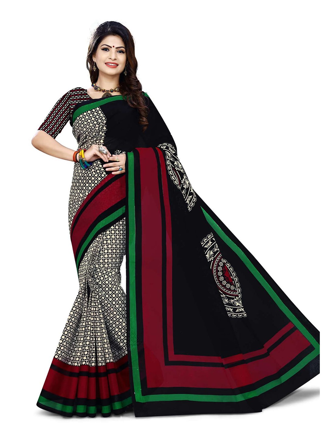 

SHANVIKA Black & White Checked Pure Cotton Block Print Saree