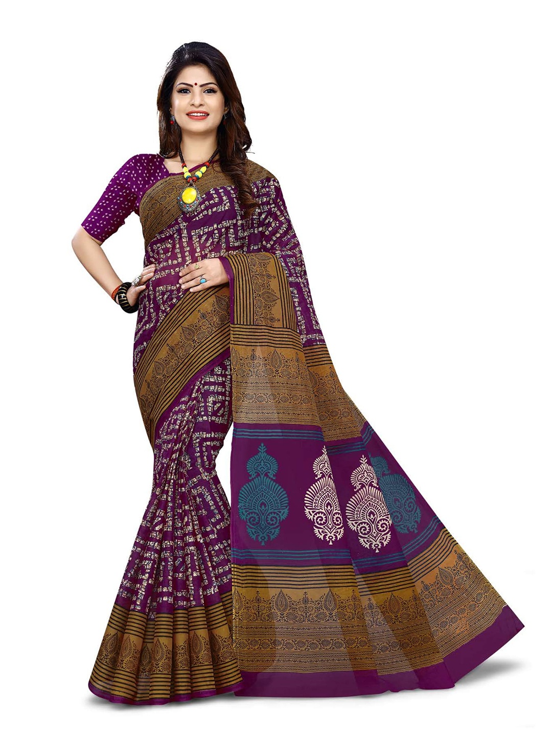 

SHANVIKA Purple & Brown Ethnic Motifs Pure Cotton Saree