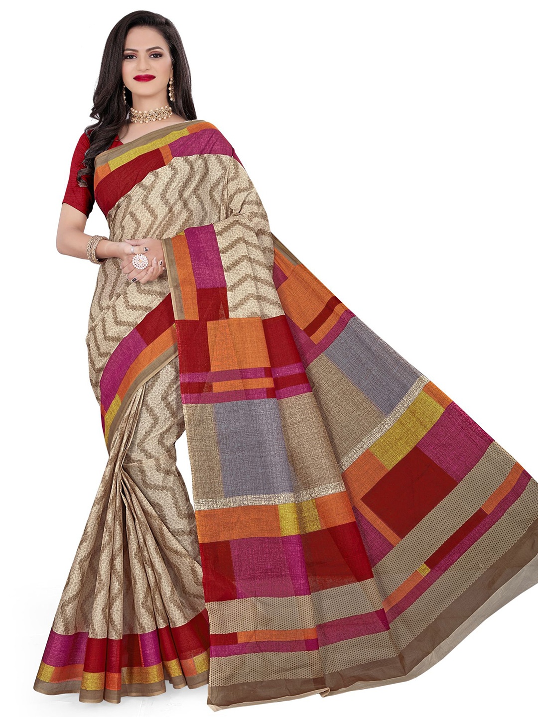 

SHANVIKA Beige & Red Printed Pure Cotton Block Print Saree