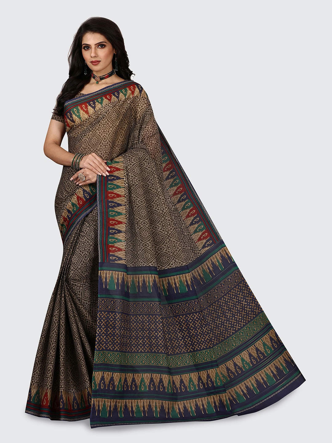 

SHANVIKA Grey Ethnic Motifs Pure Cotton Block Print Saree