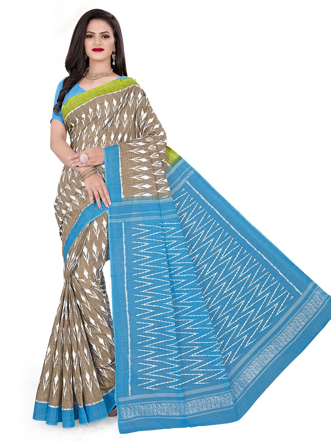

SHANVIKA Women Ethnic Motifs Print Pure Cotton Saree With Blouse Piece, Beige
