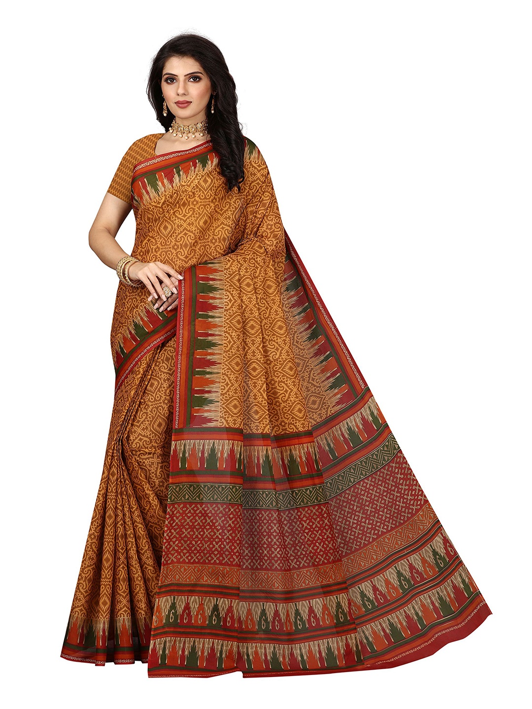 

SHANVIKA Women Geometric Print Pure Cotton Saree With Blouse Piece, Rust