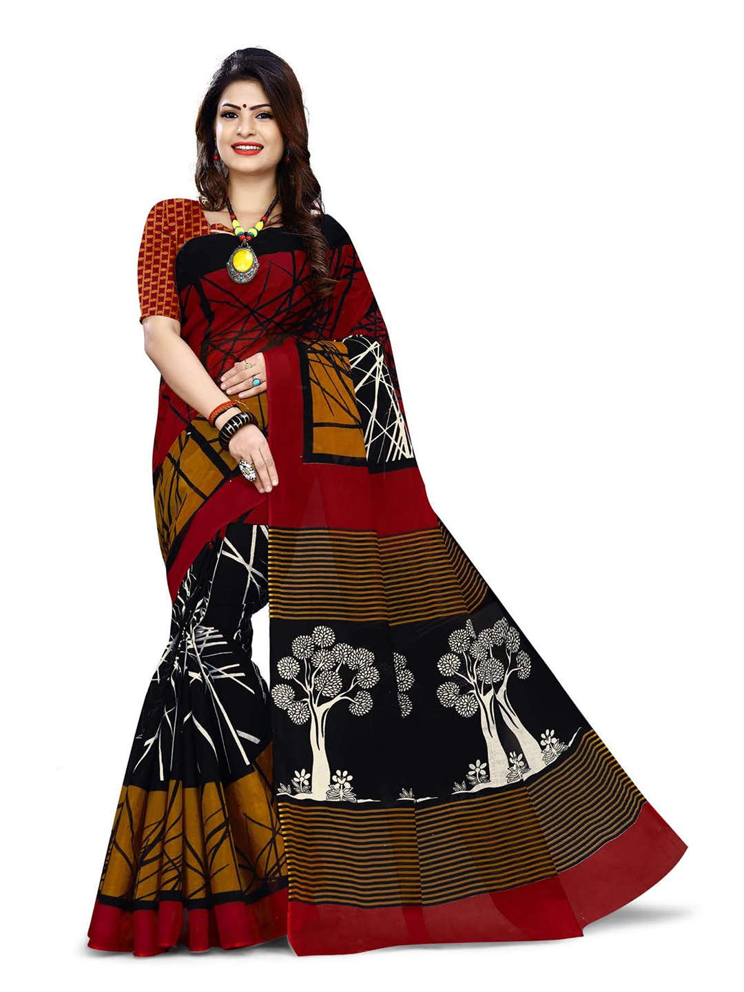 

SHANVIKA Red & Black Pure Cotton Block Print Saree