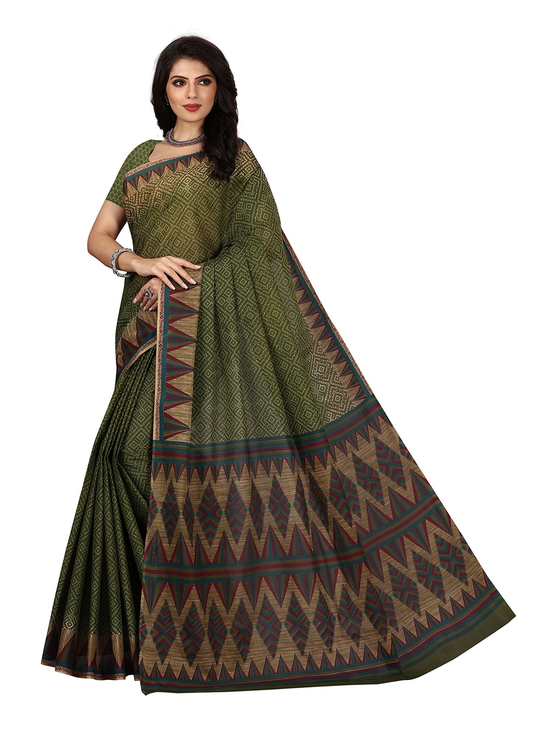 

SHANVIKA Green Pure Cotton Block Print Saree