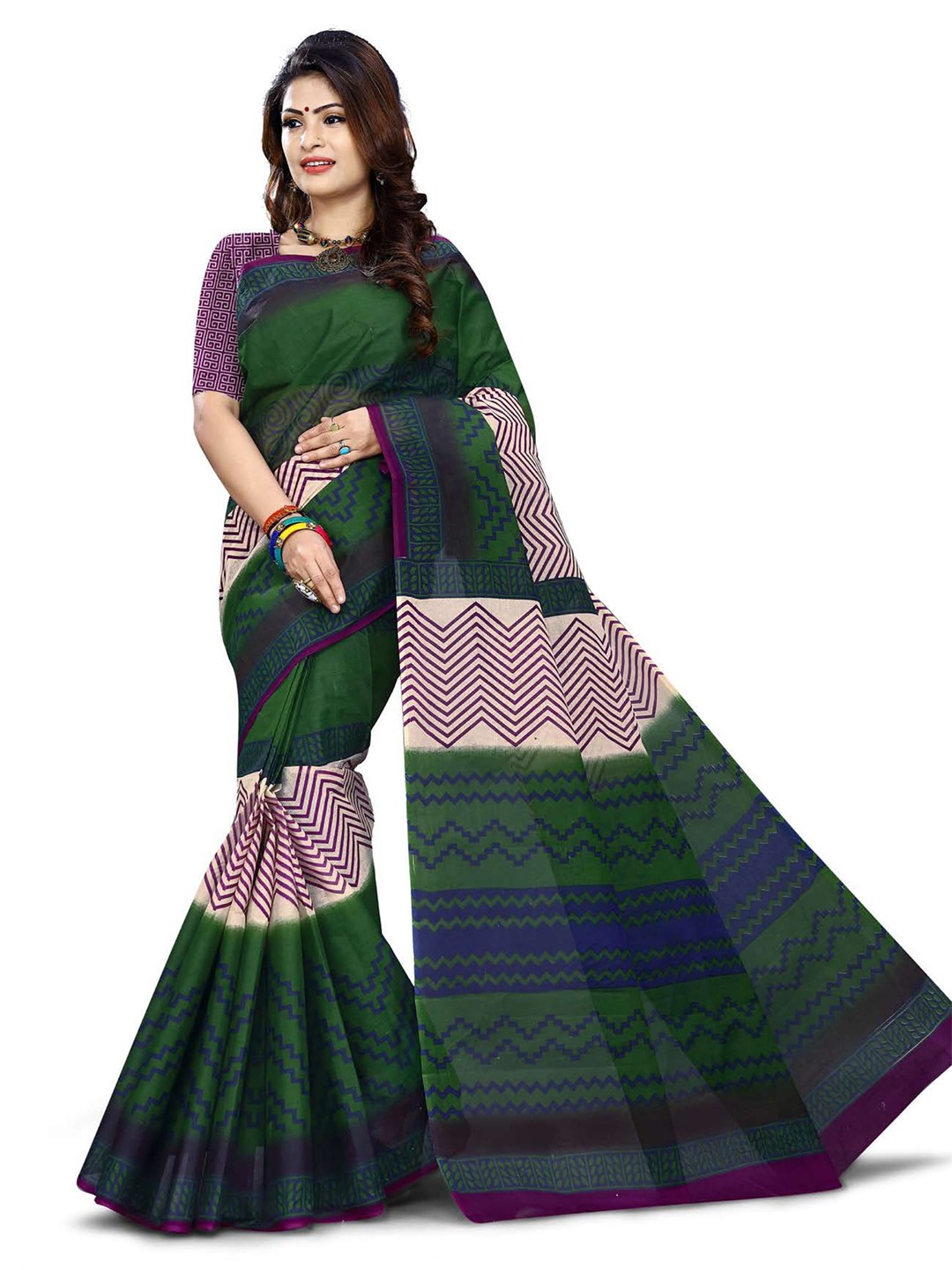 

SHANVIKA Green & Pink Leheriya Pure Cotton Saree With Blouse Piece