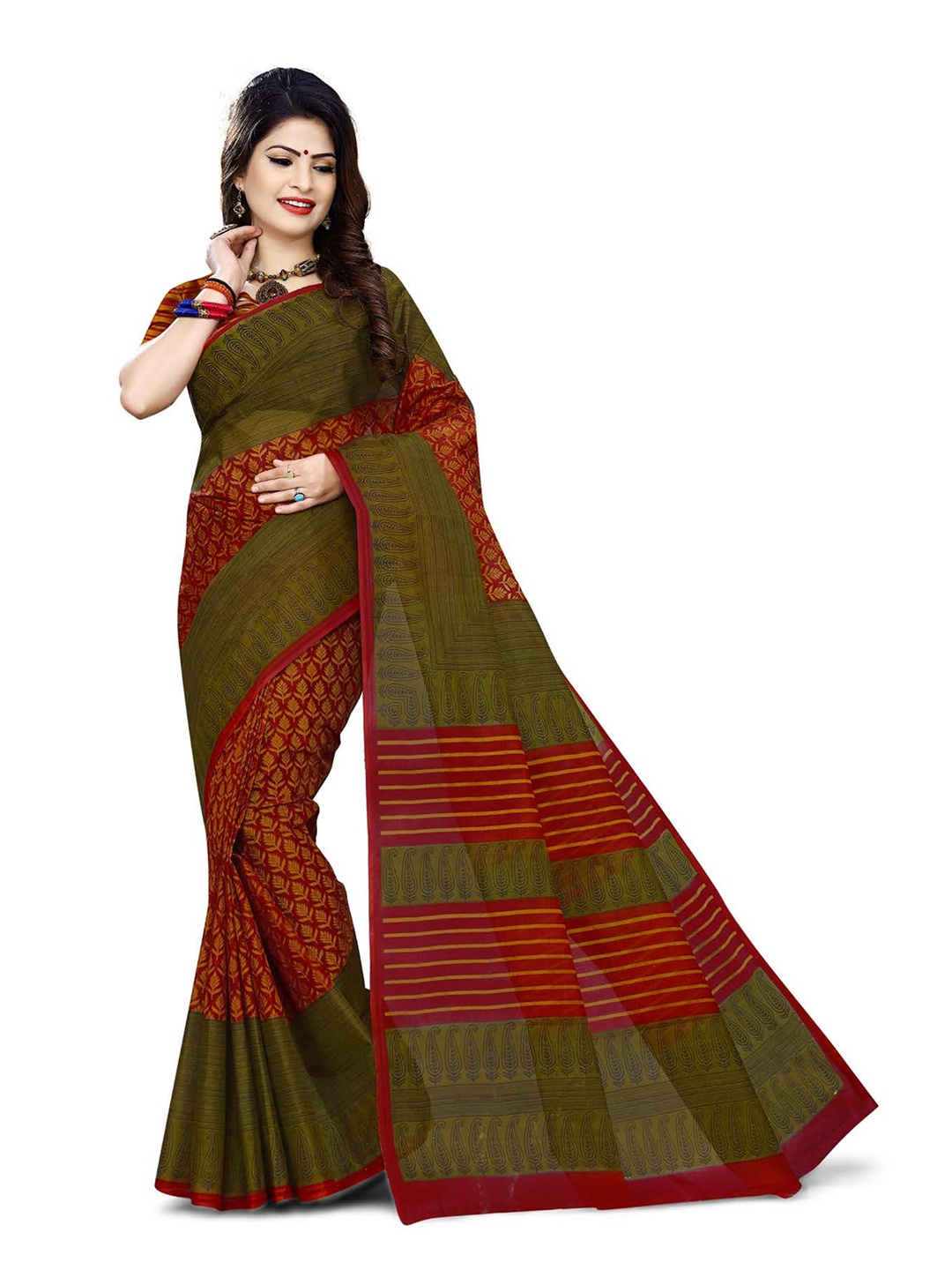 

SHANVIKA Woman Ethnic Motifs Print Pure Cotton Saree With Blouse Piece, Rust