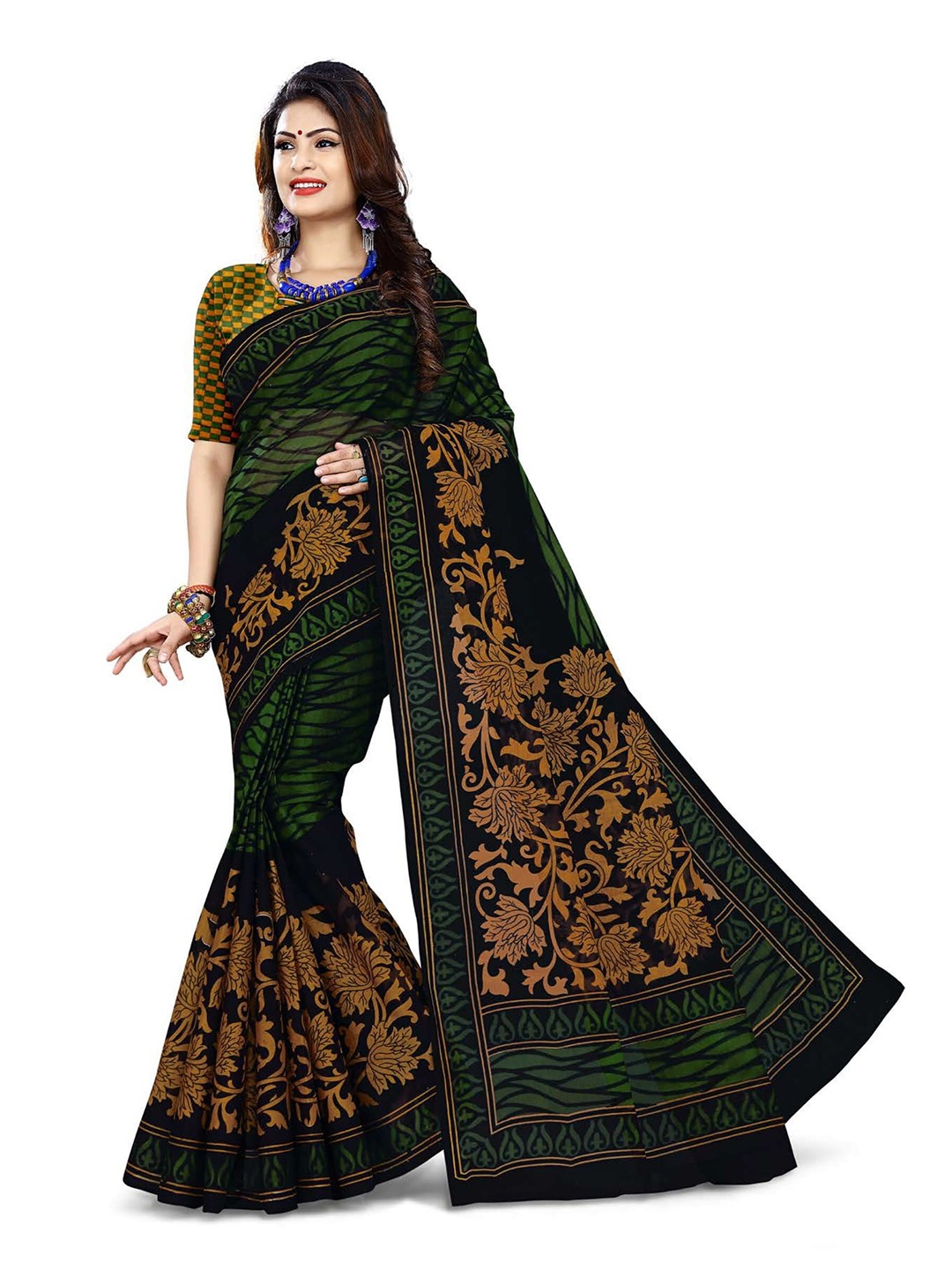 

SHANVIKA Woman Floral Print Pure Cotton Saree With Blouse Piece, Green