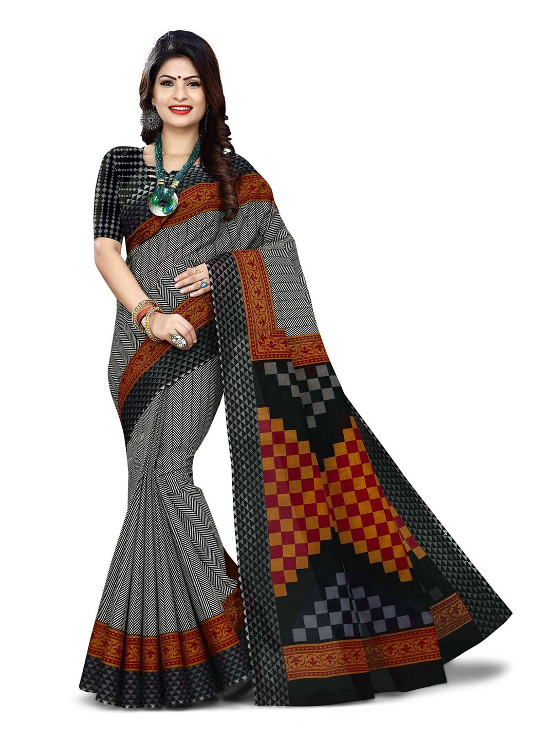 

SHANVIKA Black & Red Leheriya Pure Cotton Block Print Saree