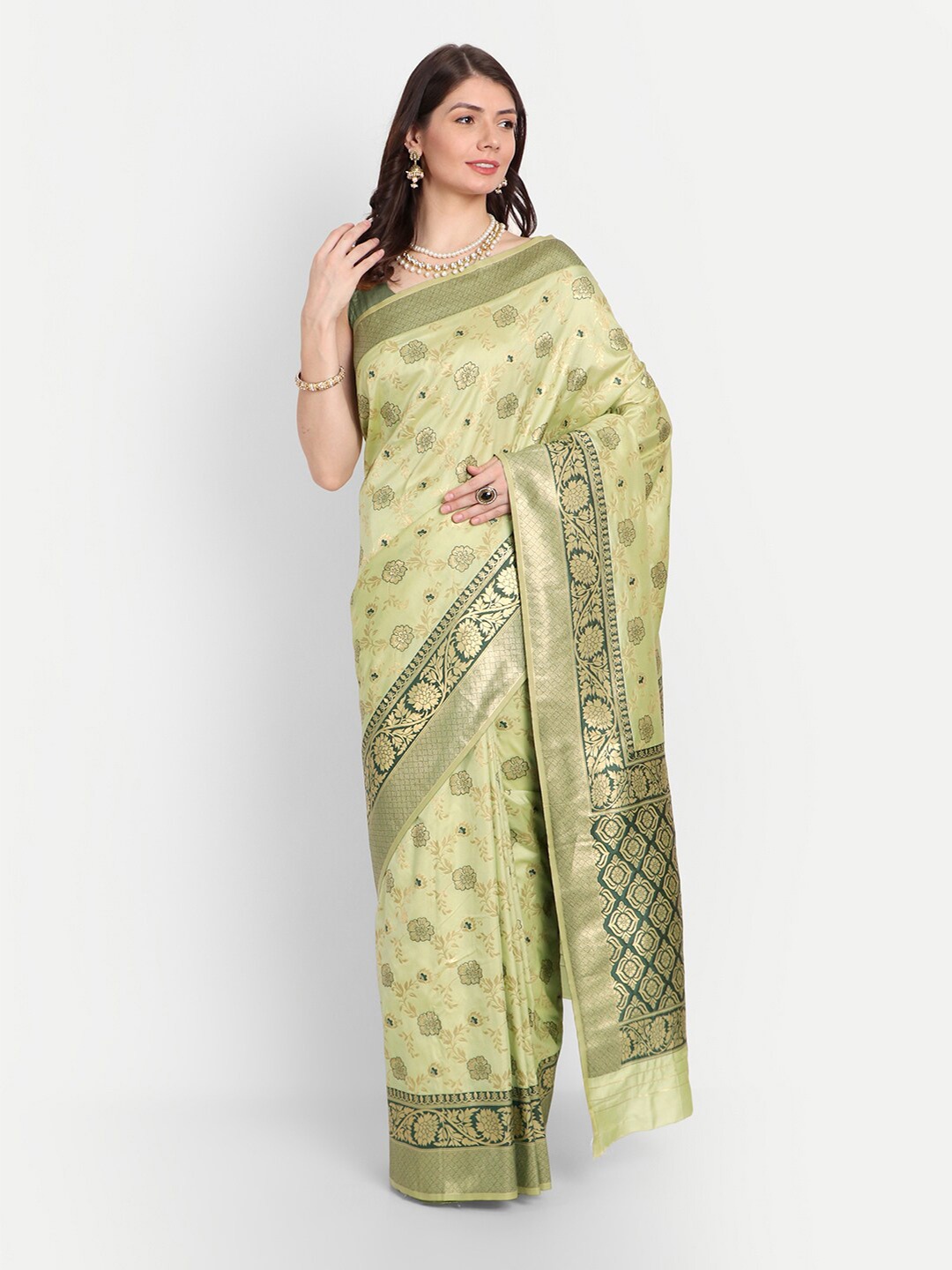 

CHAMPAVALI Lime Green & Gold-Toned Woven Design Zari Pure Silk Banarasi Saree